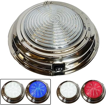 Wave One Marine Dual Color 7" LED Boat Dome Light 12V RV | Stainless Housing | Ceiling Cabin Room Surface Mount | Built In Rocker Toggle Switch White | Cool Blue