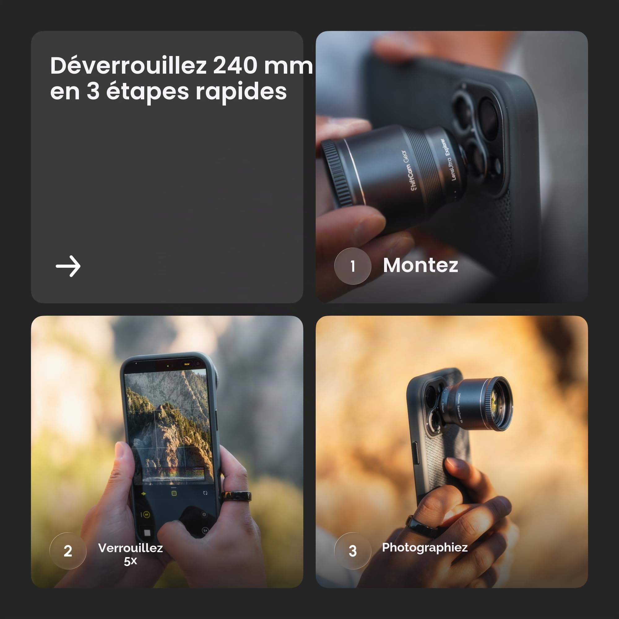 ShiftCam LensUltra 240mm Super Zoom Téléphone Téléobjectif pour iPhone 17 Pro/16/15 & Android - Lentille d'appareil photo mobile en verre fluorite pour la faune, les oiseaux, le sport et la