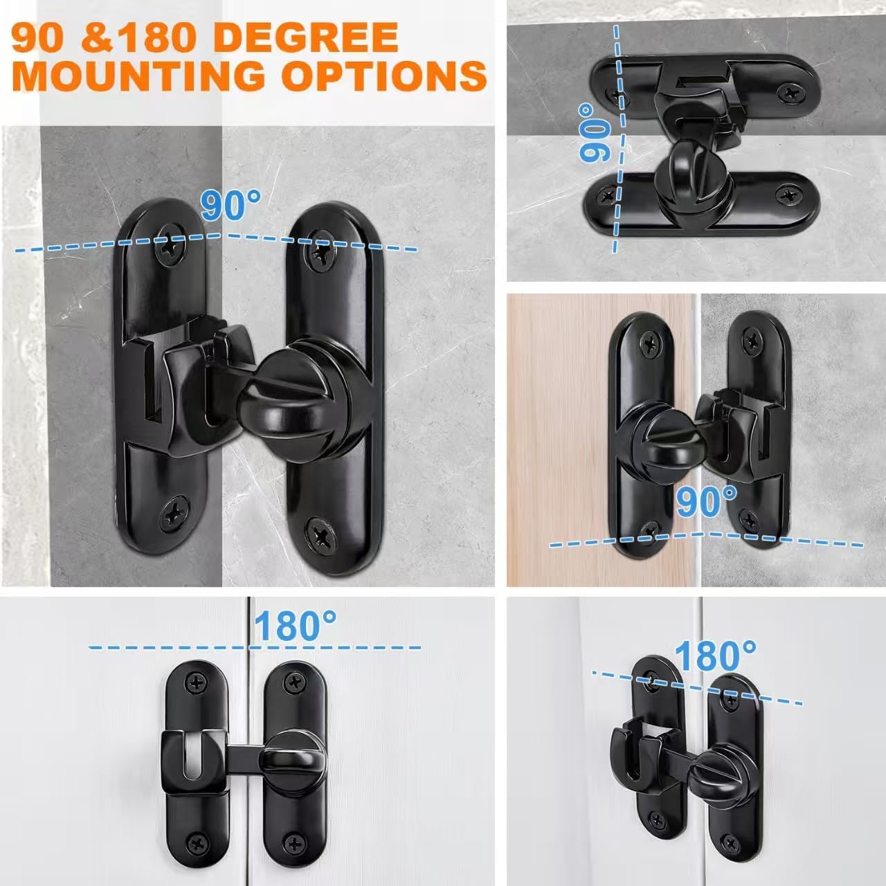 Upgraded Barn Door Lock Latches - 90/180 Degree Gate Lock, Flip Gate Latches Hardware Protecting Safety Sliding Gate Latches for Barn, Garden, Bathroom, Cabinet, Window, Sliding Door