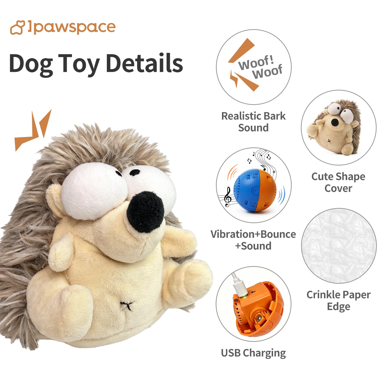 Jouet interactif pour chien, jouet couineur en peluche pour les garder occupés, jeu autonome avec balle vibrante et rebondissante rechargeable pour chiens de petite/moyenne taille - Hérisson