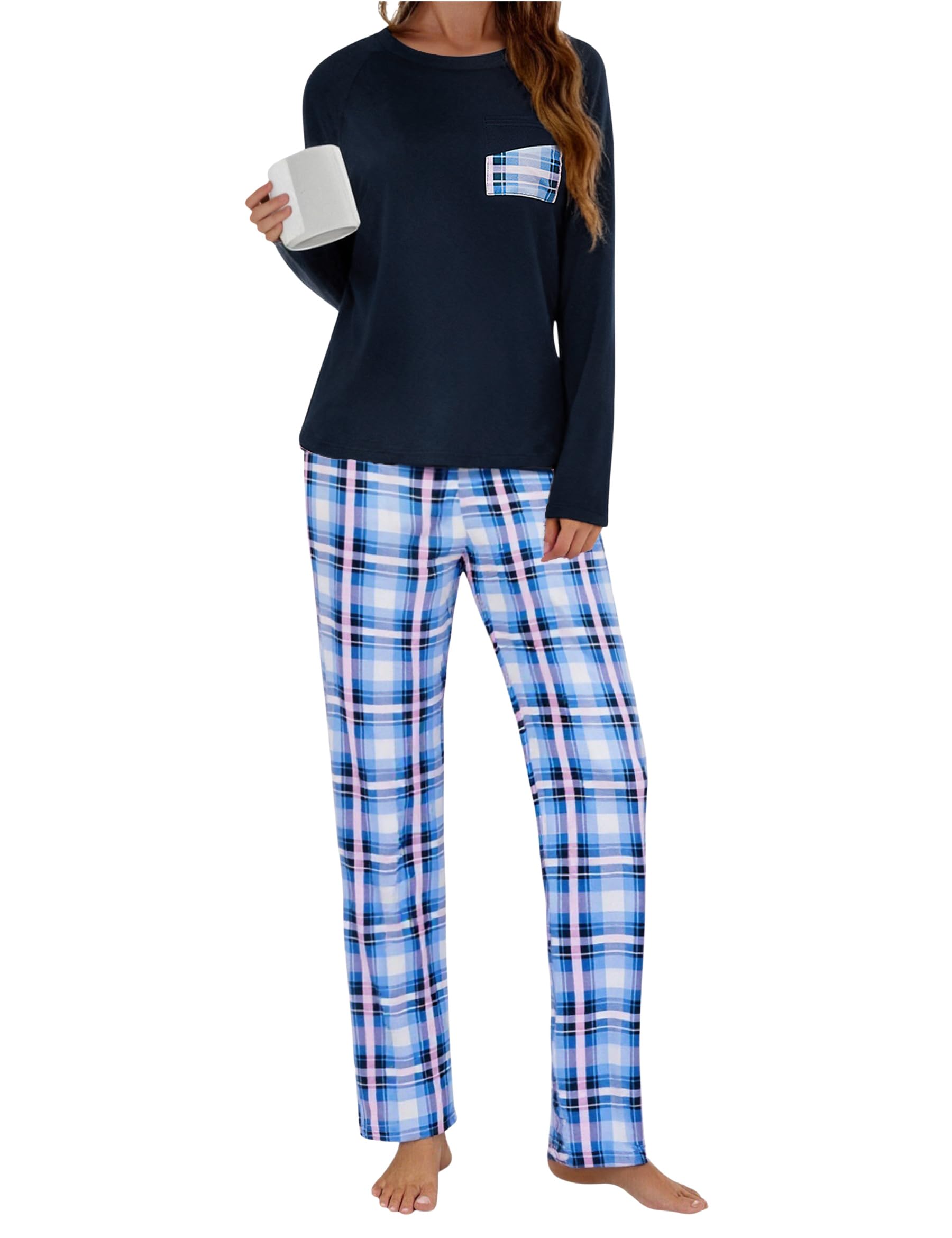 Uniexcosm Schlafanzug Damen Lang Winter Zweiteiler Baumwolle Pyjama Set Langarm Oberteil und Karierte Pyjamahose Nachtwäsche für Frauen