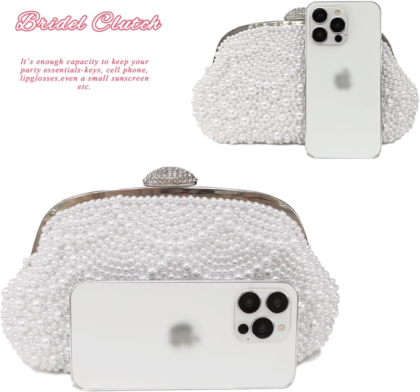 Aovtero Pearl Clutch Bride Bag Purse Women Wedding Prom Evening Bags Formal Full Beaded Handbag with Chain