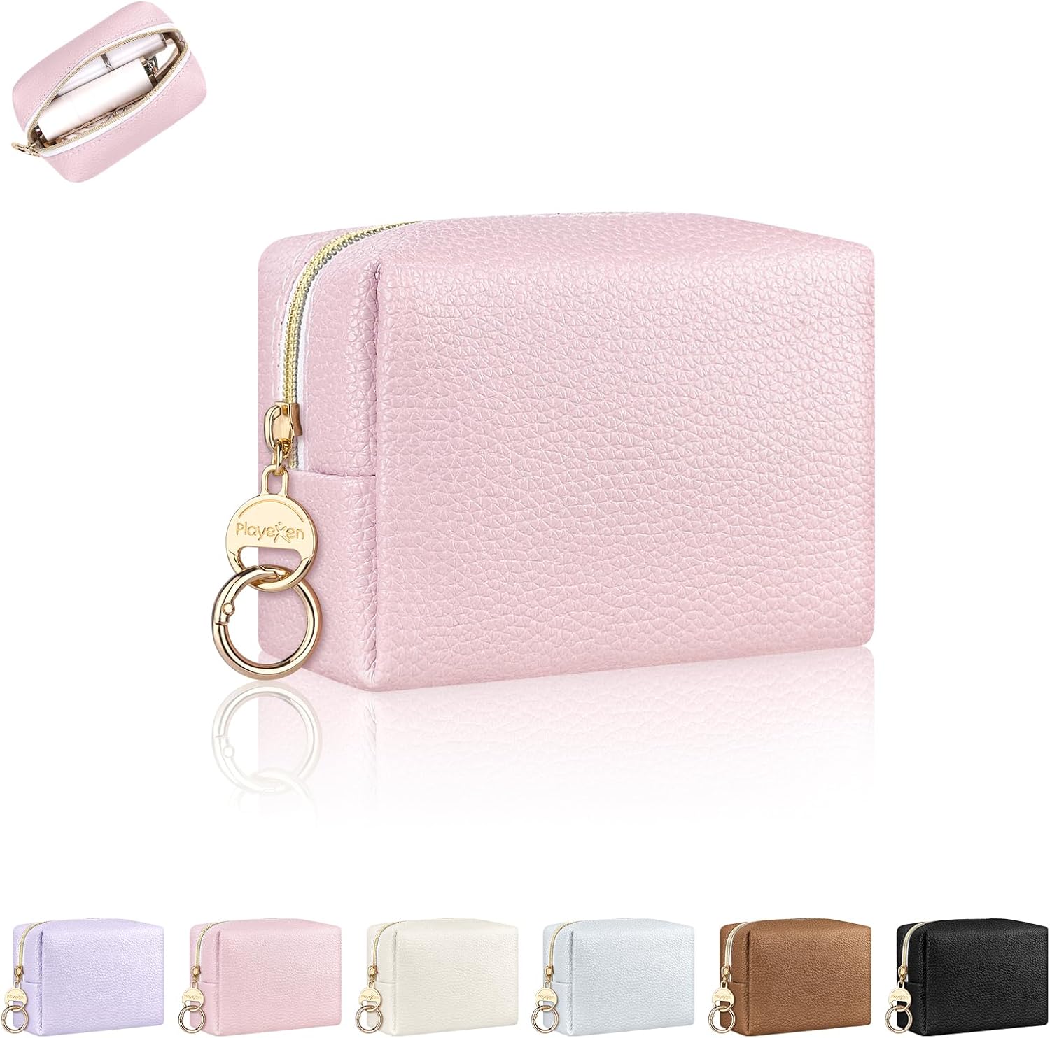 Mini Makeup Bag, Small Cosmetic Bag for Purse with Ring Buckle, Portable XS Travel Makeup Pouches Purse, Birthday/Party/Christmas Gifts (Solid-Pink)