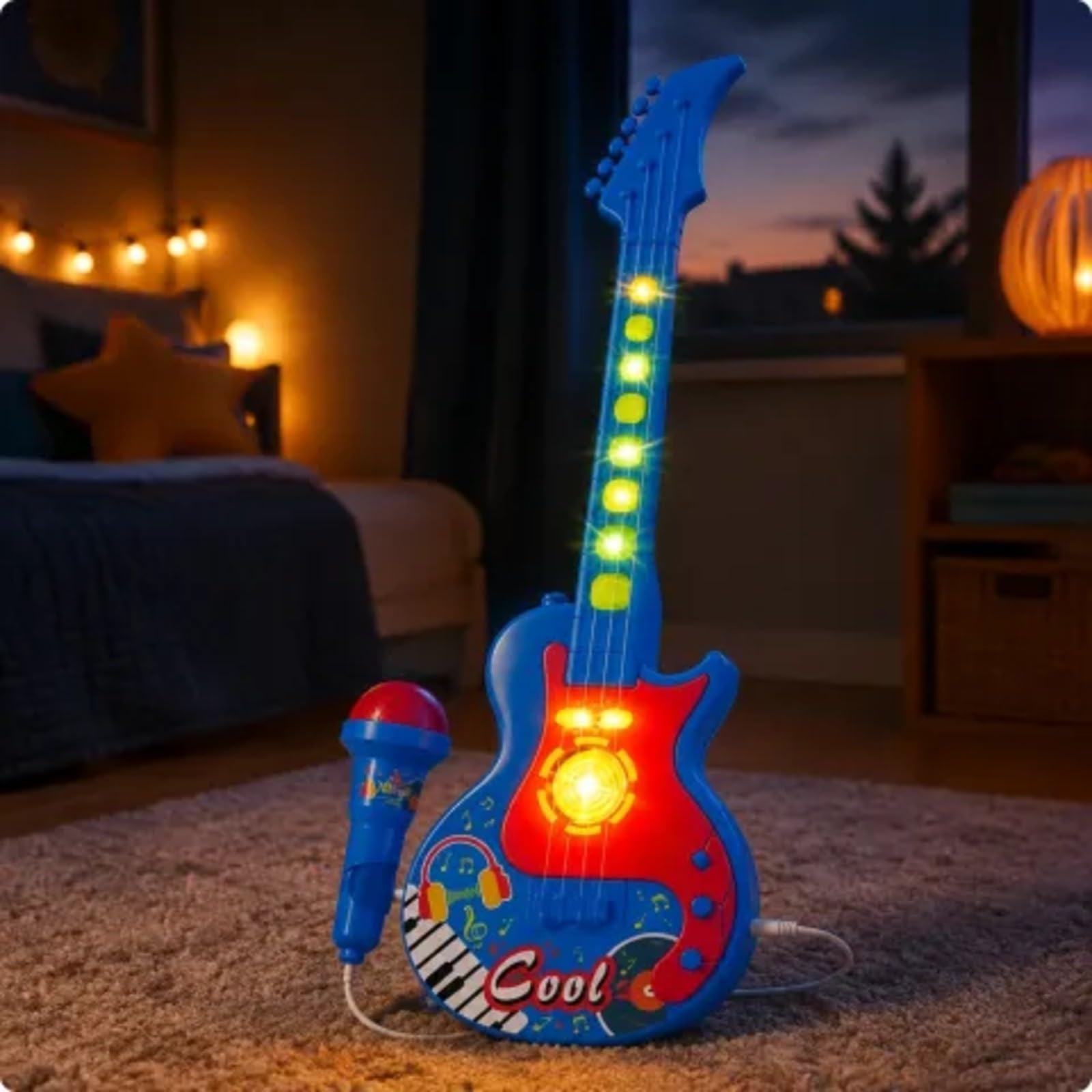 Chitarra Giocattolo con Microfono a Batteria Chitarra Giocattolo in Plastica Educativo per Bambini, Esibizioni Immaginarie, Casa, Nero