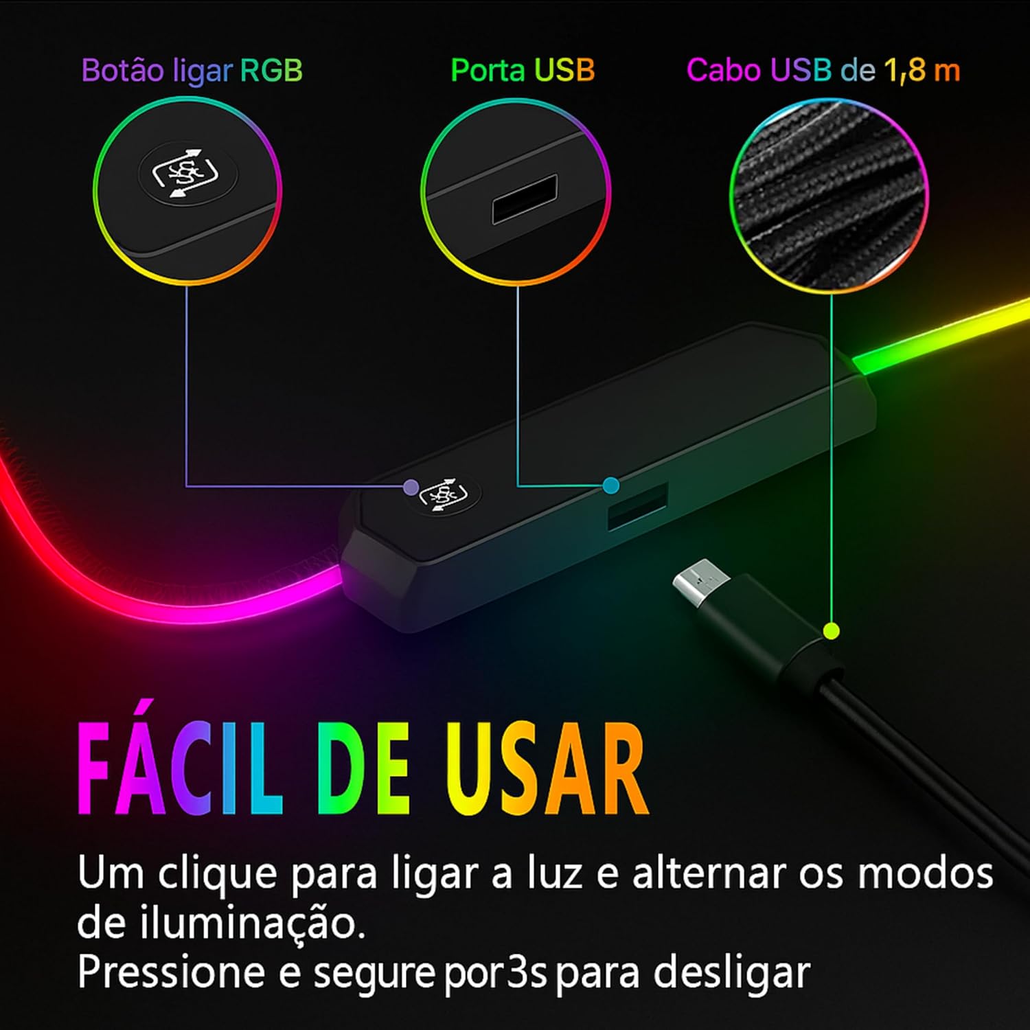 Mouse Pad Gamer Grande RGB, MTS, 80x30cm, 4mm de Espessura, Antiderrapante, Speed Control, 13 modos de iluminação, 7 Cores, Impermeável, Bordas Costuradas, Cabo USB - Ideal para Setup Gamer Mouse Pad Gamer Grande RGB, MTS, 80x30cm, 4mm de Espessura, Antiderrapante, Speed Control, 13 modos de iluminação, 7 Cores, Impermeável, Bordas Costuradas, Cabo USB - Ideal para Setup Gamer