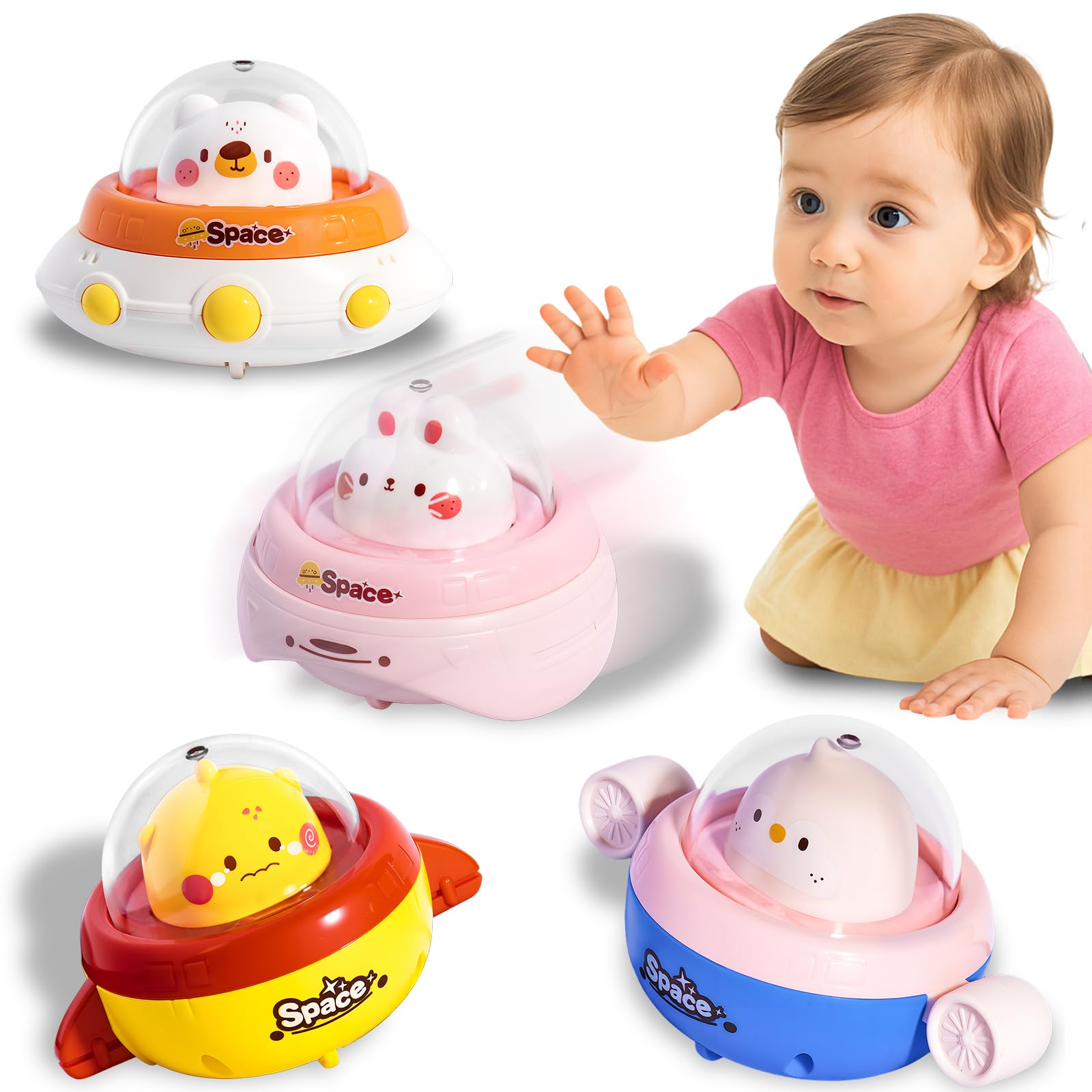 4PCS Animal Press to Go Car Toys for Toddlers 1-3, Push Go Friction Car Toys for 6-18 Months Baby, Animal Space Racing Cars, Infant Play Vehicle Set, Birthday Gifts for 1 Year Old Girl &amp; Boy