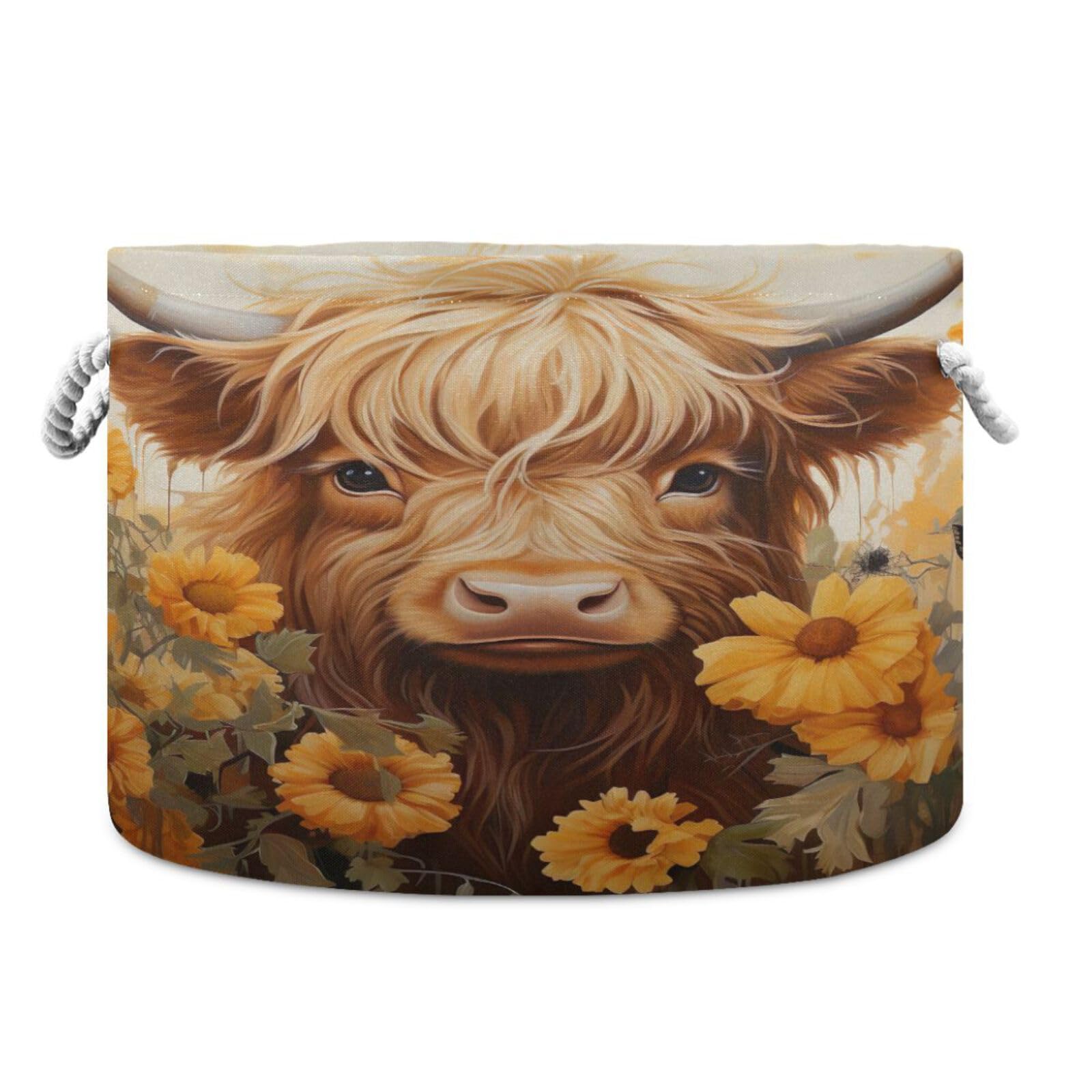Round Cute Brown Highland Cow Yak Sunflower Storage Basket Large Organizer Bin Laundry Hamper Toy Storage Basket with Handle for Nursery Clothes Toys 202b4844