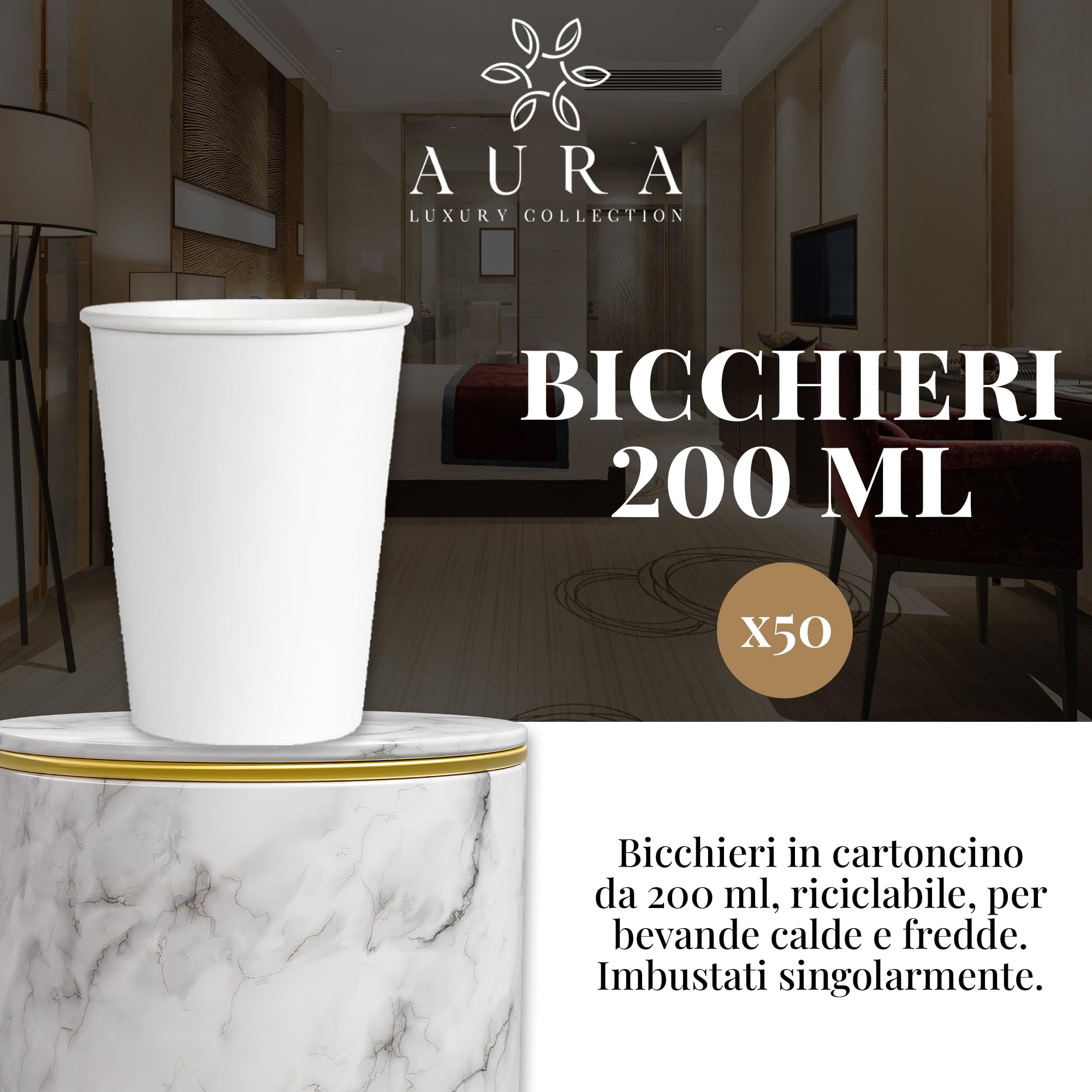 Aura Luxury Collection Kit Cortesia 250 pezzi: 70 flaconi doccia shampoo, 70 flaconi igiene intima, 40 cuffie, 50 bicchieri cartoncino imbustati, 20 paia di pantofole + OMAGGIO 500 fasce garanzia WC