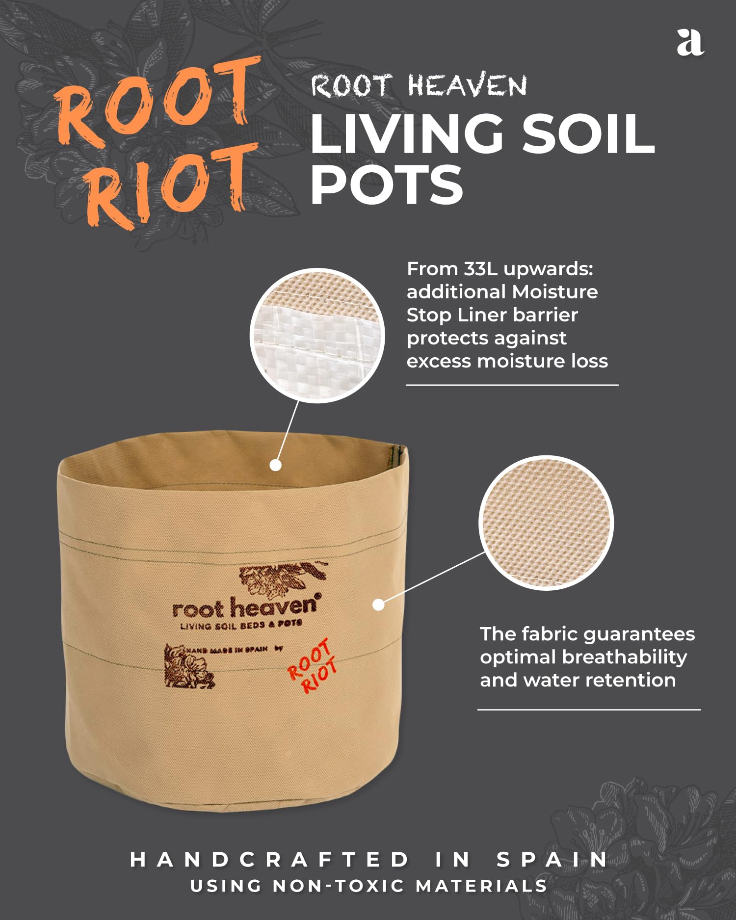 Root RIOT: Root Heaven Pot – Living Soil doniczka materiałowa ze 100% polipropylenu do uprawy konopi – optymalna wentylacja i lepszy wzrost korzeni (500 l)
