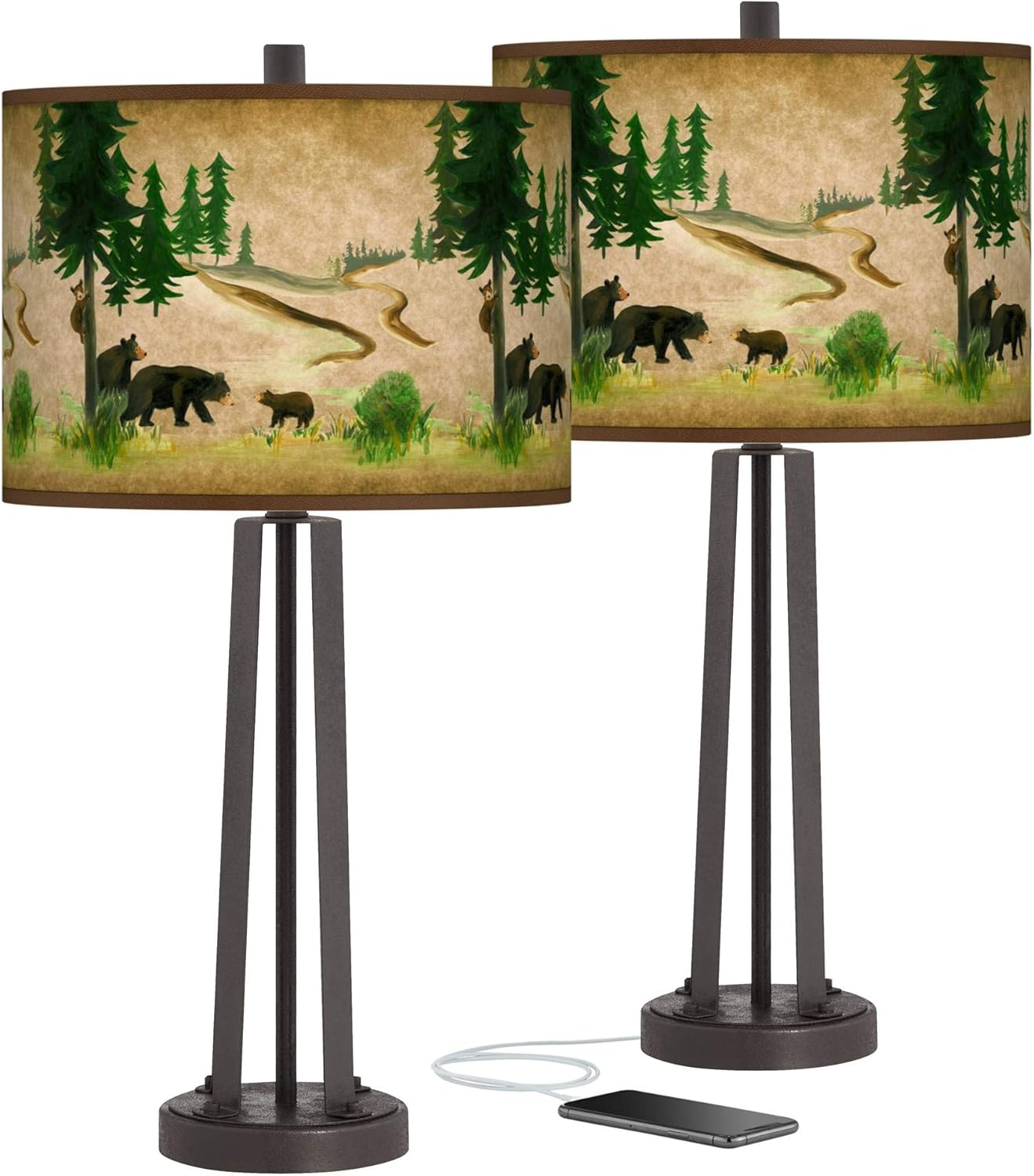 Susan 25 1/2" High Geometric Modern Western Table Lamps Set of 2 USB Port Brown Bronze Finish Metal Bear Lodge Shade Living Room Charging Bedroom Bedside Nightstand House Office Home