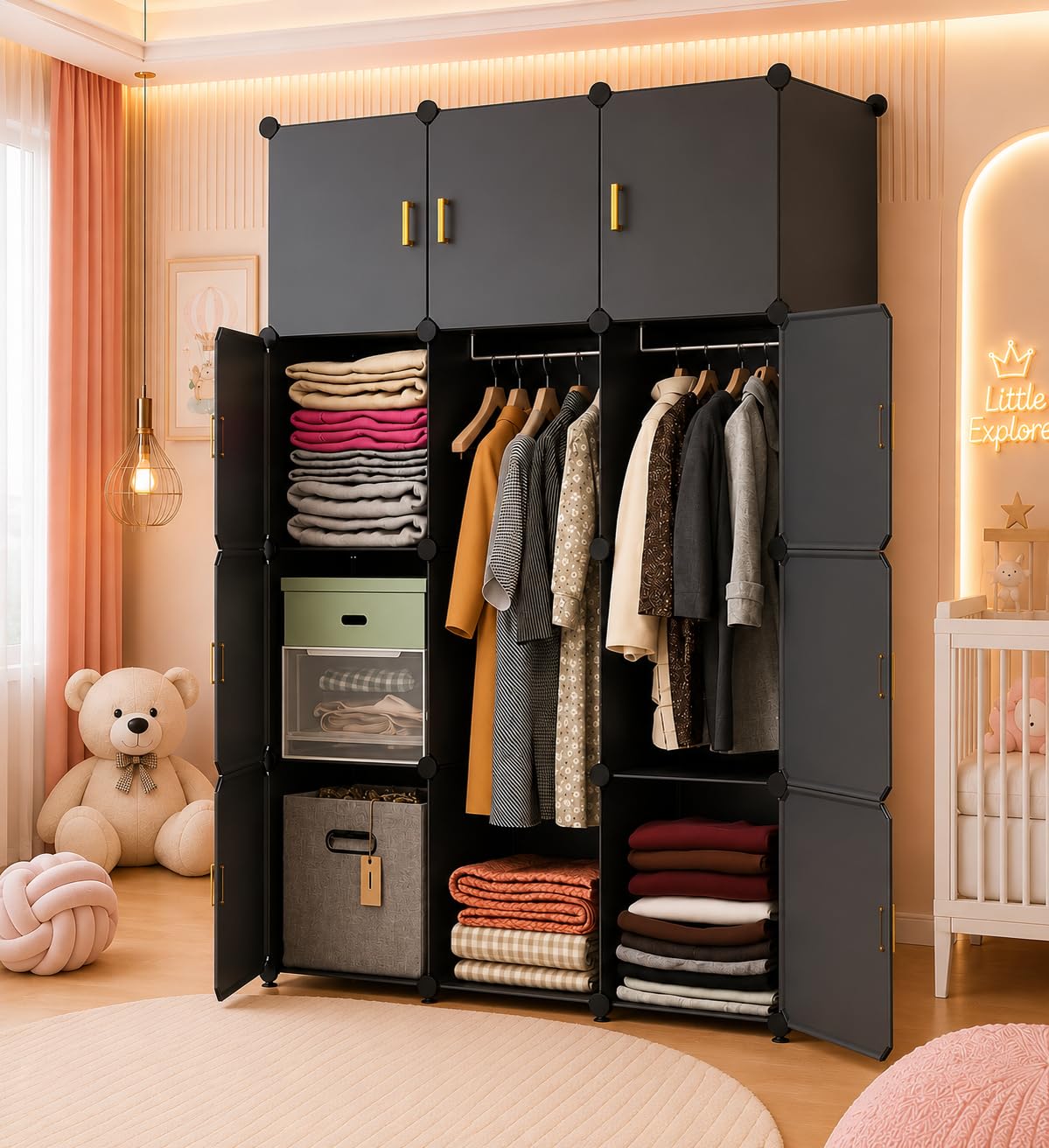 SNKR ESSENTIALS Plastic Wardrobe for Clothes | Plastic Almirah for Kids | 12-Cube Baby Cupboard for Clothes Storage | Portable Collapsible Wardrobe | DIY Kids Almirah for Bedroom – Cute Animal Print