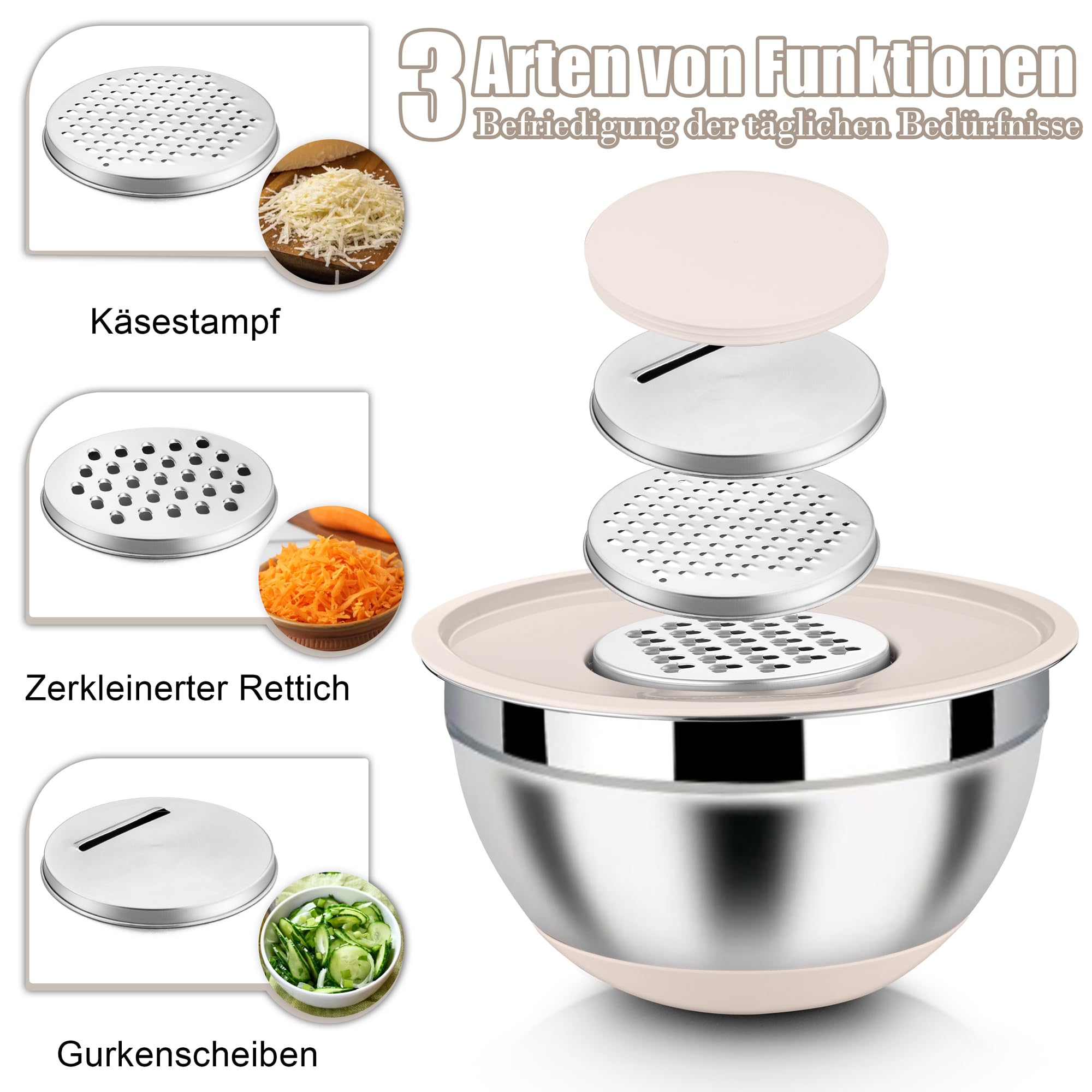 Homikit Lot de 6 saladiers en acier inoxydable avec 3 embouts de râpe, couvercle hermétique et fond en silicone, 4,6 l/2,8 l/2,5 l/1,6 l/1,2 l/0,7 l, empilables, kaki