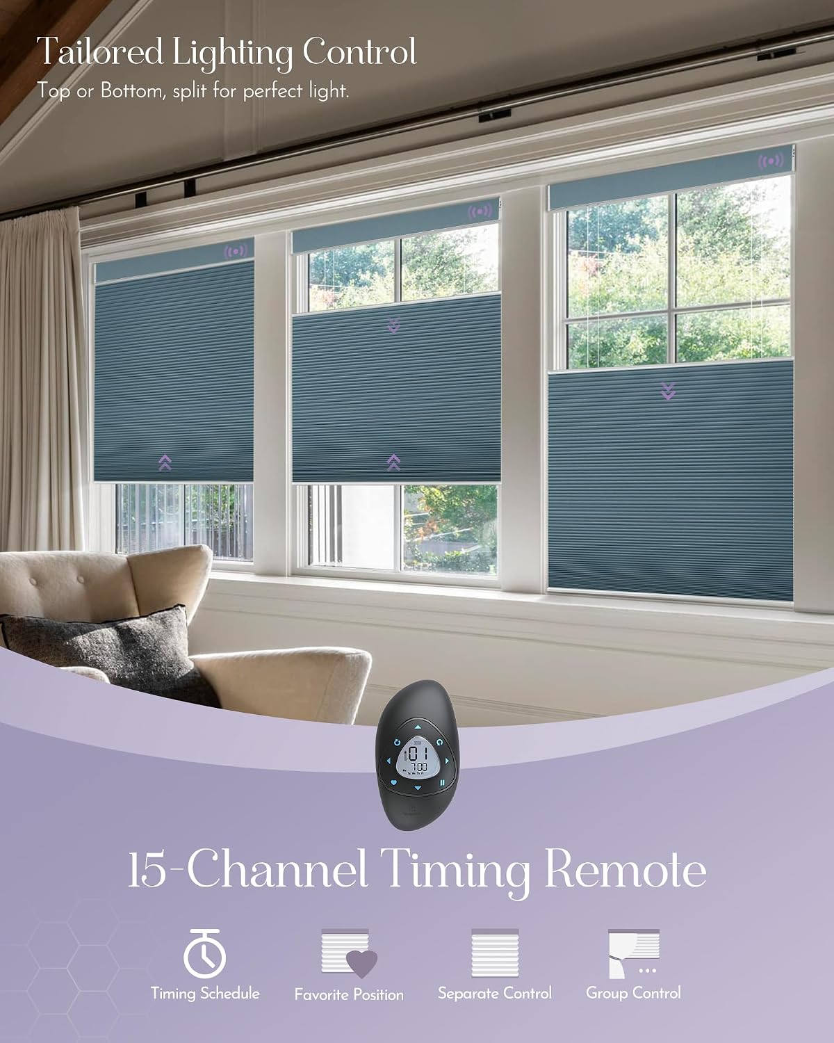 Graywind Smart Top Down Bottom Up Cellular Shades Compatible with Alexa Google Solar Powered Motorized TDBU Shades for Windows Custom Size (Blackout Blue)