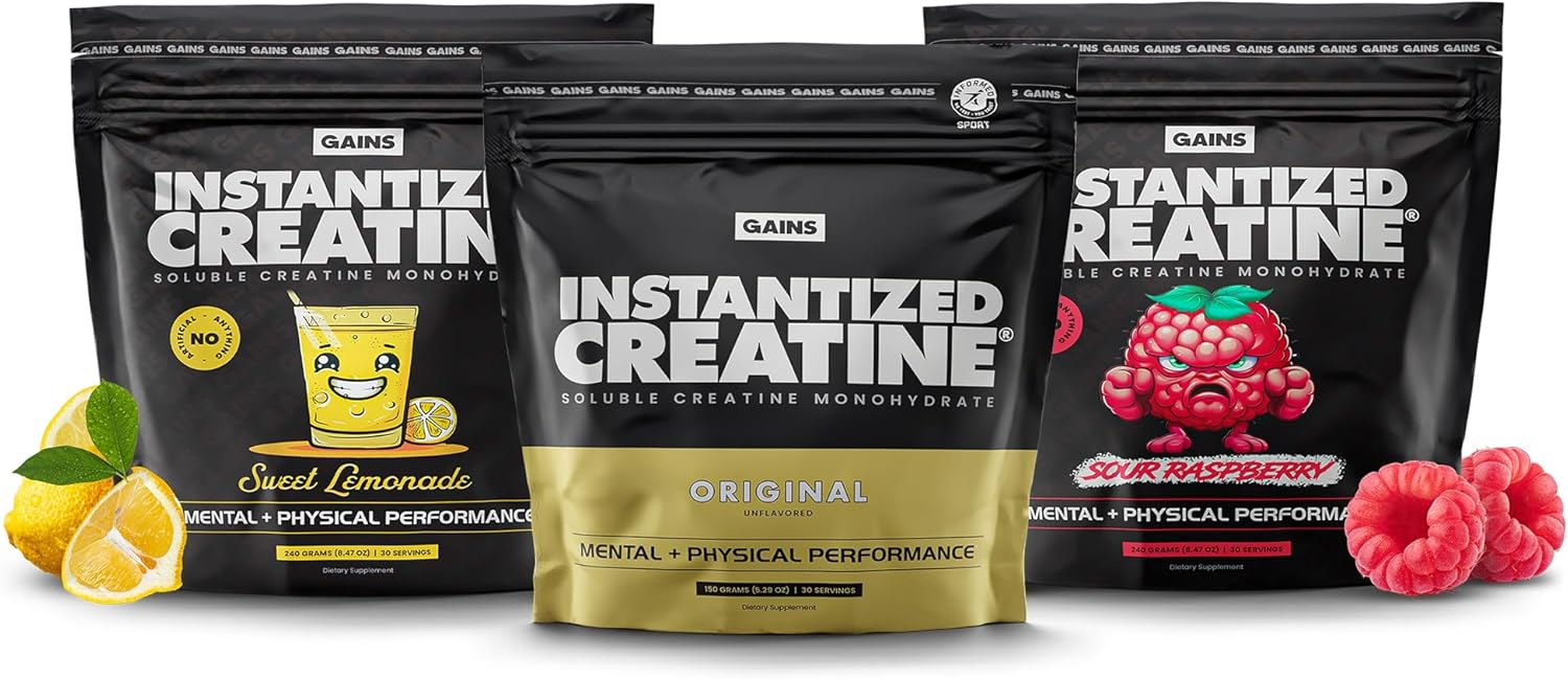 Gains in Bulk Intantized Creatine Bundle, Soluble Pre Workout Powder, Supports Muscle Building, Strength and Performance, Unflavored, Raspberry and Sweet Lemonade, 90 Servings