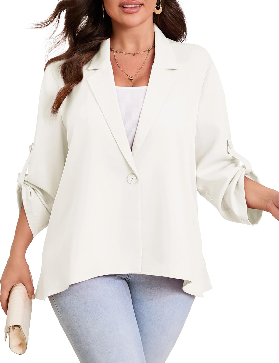 ShopWonder Womens Plus Size Long Sleeve Classic Draped Open Front Lightweight Blazer