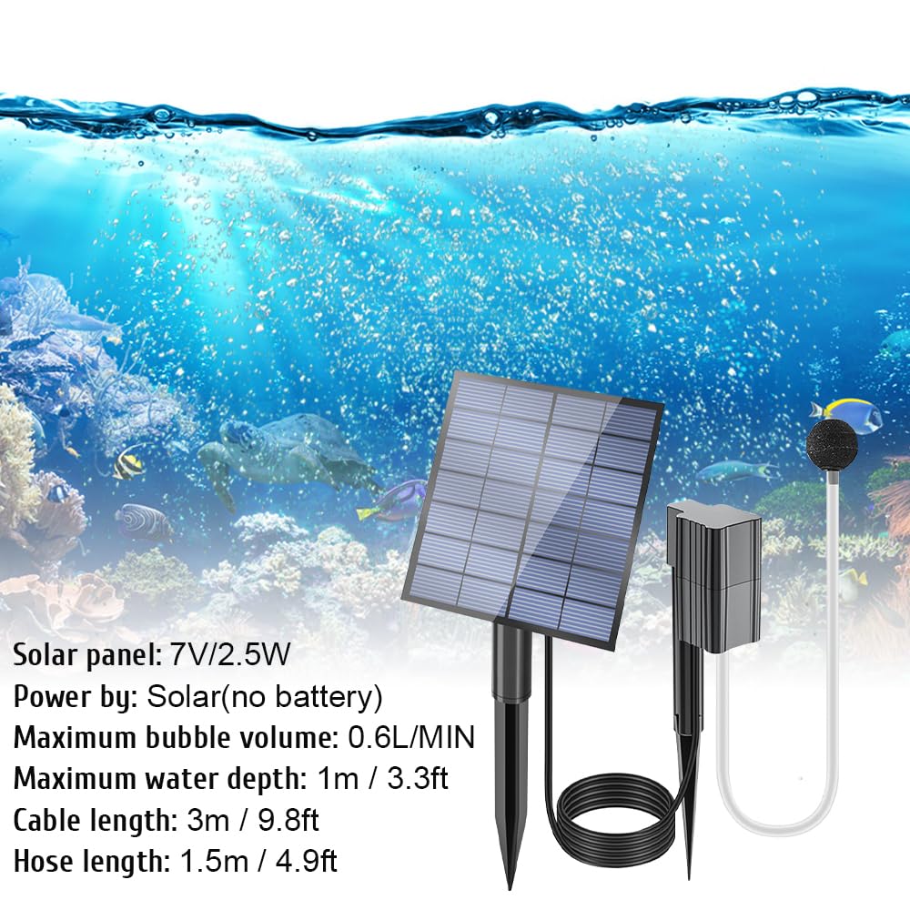 Aérateur solaire de bassin 2,5 W/7 V - Oxygénateur de 0,6 l/min - Pompe solaire pour étang avec 1 pierre à bulles et piquet - Pour jardin, bassin hydroponique