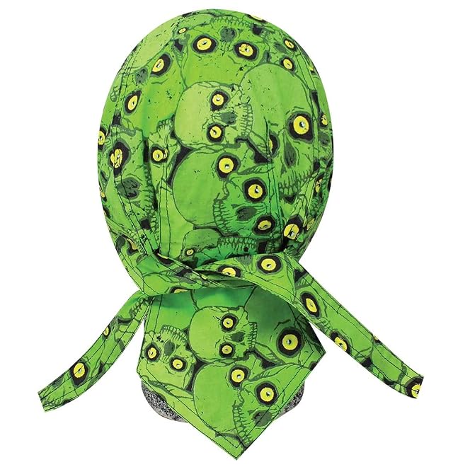 Neon Green Yellow Eyes Toxic Stacked Gothic Skulls Head Wrap Durag Doo Rag Biker Skull Cap Hat Helmet