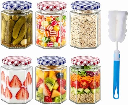 Glass Jam Jars 6 Pack Hexagonal Storage Glass Jars with Screw Top 280ml/9oz