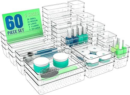Yieach Juego de 60 organizadores de cajones de plástico transparente, 5 tamaños en bandejas de cajones para baño, oficina, armario de cocina y