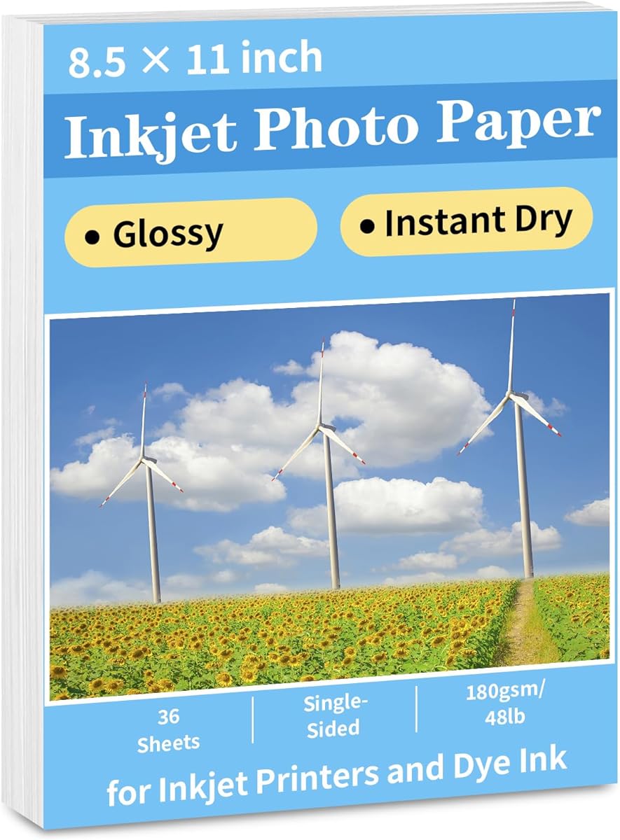 Glossy Photo Paper 8.5 x 11, 36 Sheets Inkjet Photo Printer Paper, Instant Dry Picture Paper for DIY Chip Bag, Flyers, Cards, Calendars and Brochures(180gsm/48lb)