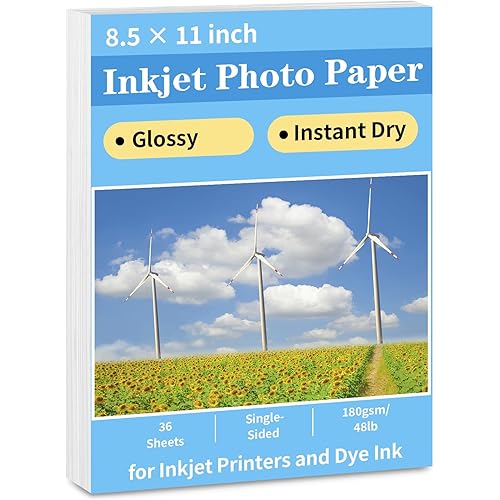 Glossy Photo Paper 8.5 x 11, 36 Sheets Inkjet Photo Printer Paper, Instant Dry Picture Paper for DIY Chip Bag, Flyers, Cards, Calendars and Brochures(180gsm/48lb)