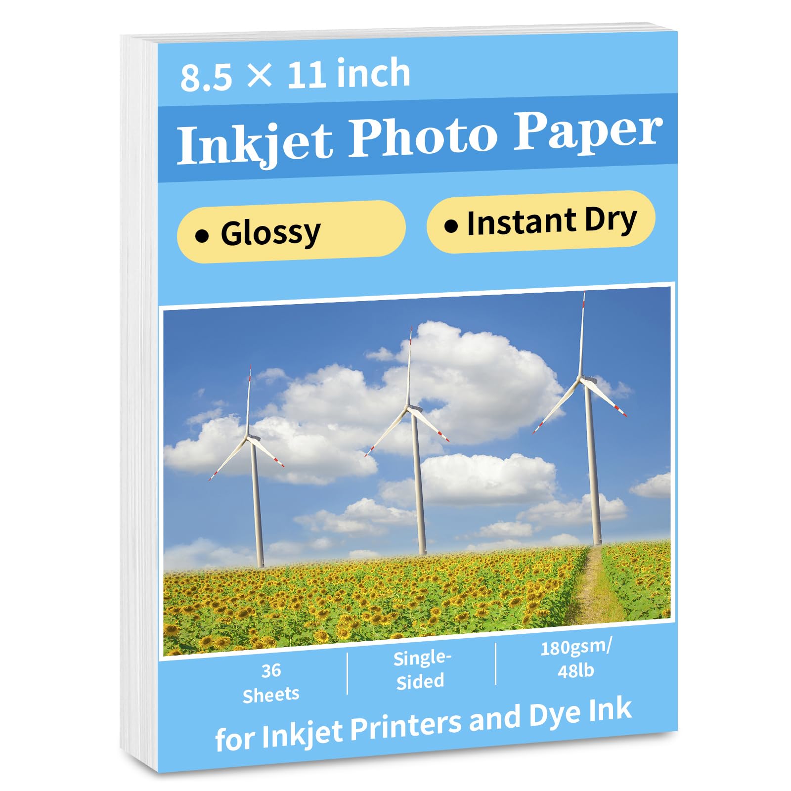 Glossy Photo Paper 8.5 x 11, 36 Sheets Inkjet Photo Printer Paper, Instant Dry Picture Paper for DIY Chip Bag, Flyers, Cards, Calendars and Brochures(180gsm/48lb)