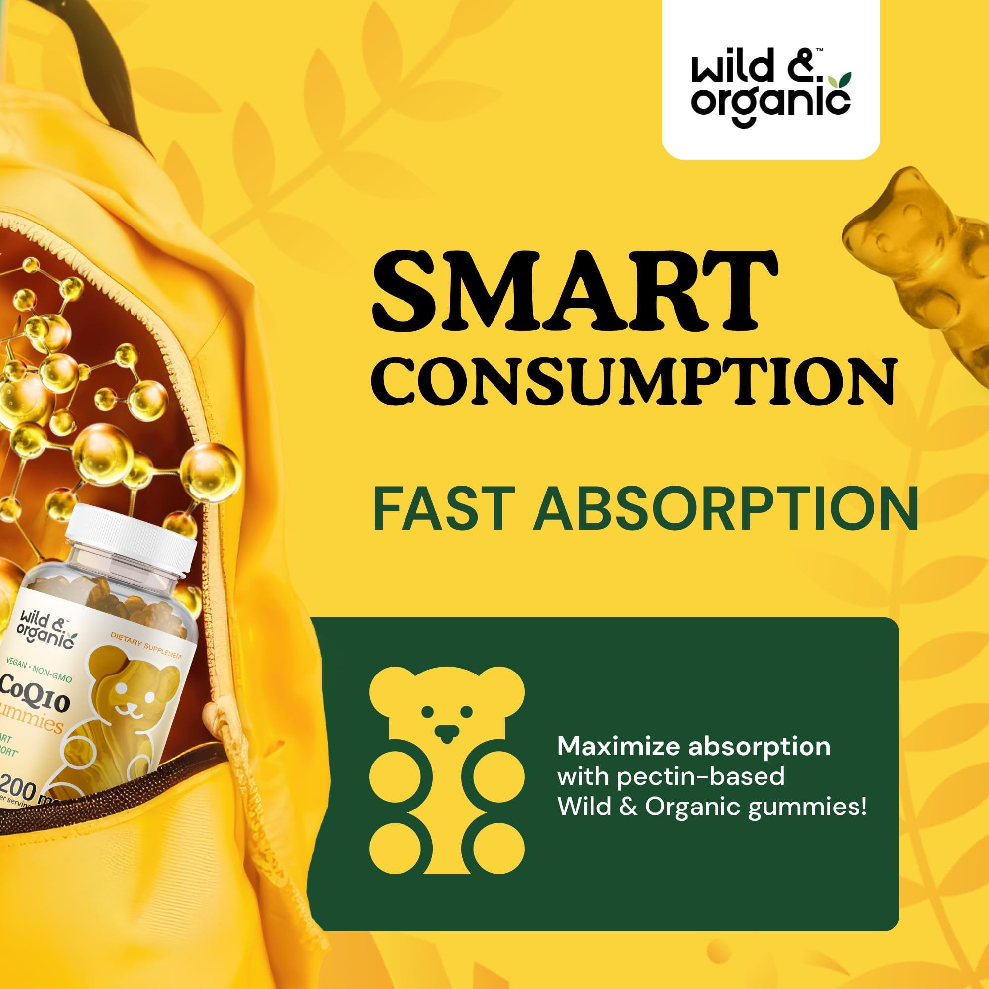 Wild & Organic CoQ10 Gummies 200 mg - Natural Coenzyme Q10 Nutritional Supplement - Antioxidant Support, Helps Promote Brain & Heart Wellness, Boost Energy Levels - 60 Banana-Flavored Chewable Bears