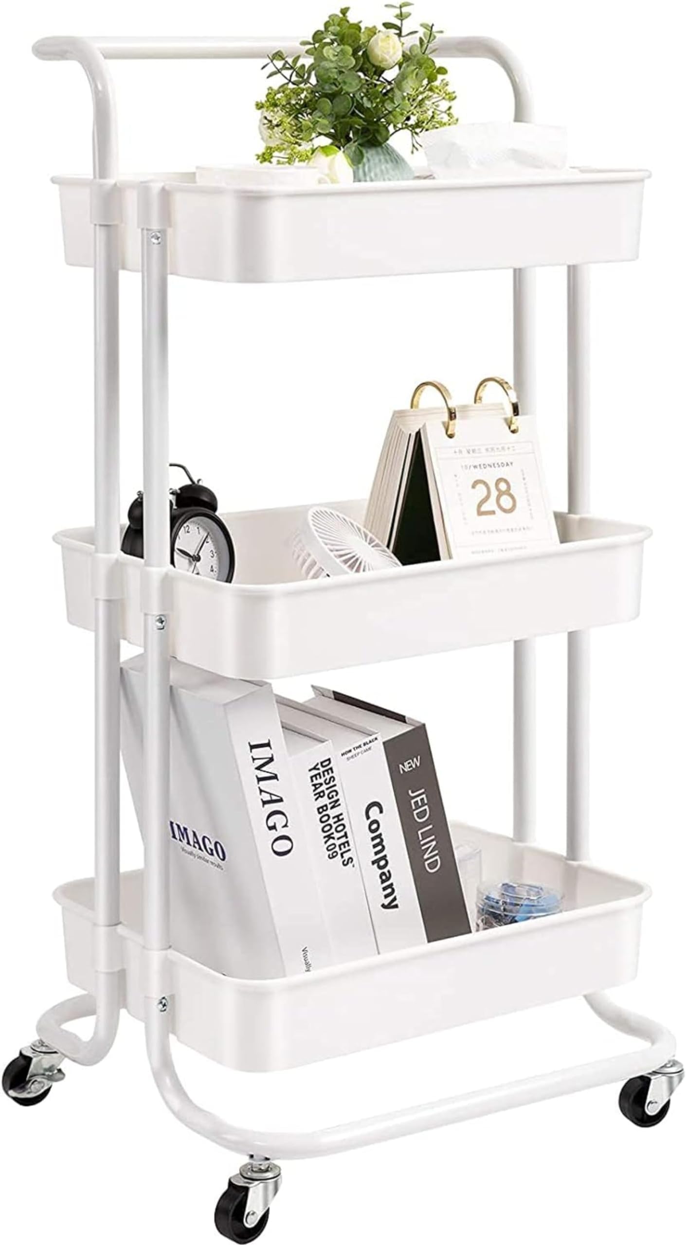3-Tier Rolling Utility Carts Trolley Storage Cart with Handle Multifunctional Organization Cart with Brake Caster Wheels Kitchen Shelf Multifunctional Storage Rack with Net Basket Mass. (White)
