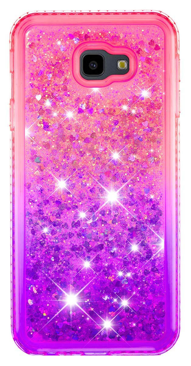 SHUNDA Galaxy J4+ Case, Bling Glitter Sparkle Case Flexible Silicone Shock Absorption TPU Transparent Flowing Liquid Floating Cover for Samsung Galaxy J4+/J4 Plus (2018) - Pink Purple