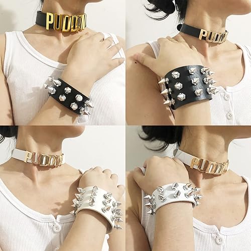 Miniatura 2 de Puddin Choker Bracelet Set Punk Leather Bracelet Letter Collar Cosplay Accessory for Women Halloween Party Costume