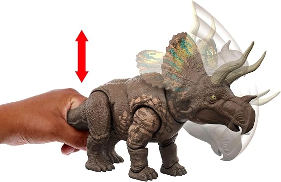 Mattel Jurassic World Rebirth Gigantic Thrashers Eotriceratops Dinosaur Figure Toy, Large Species, 2 Tail Activated Rampage Attacks, Digital Play