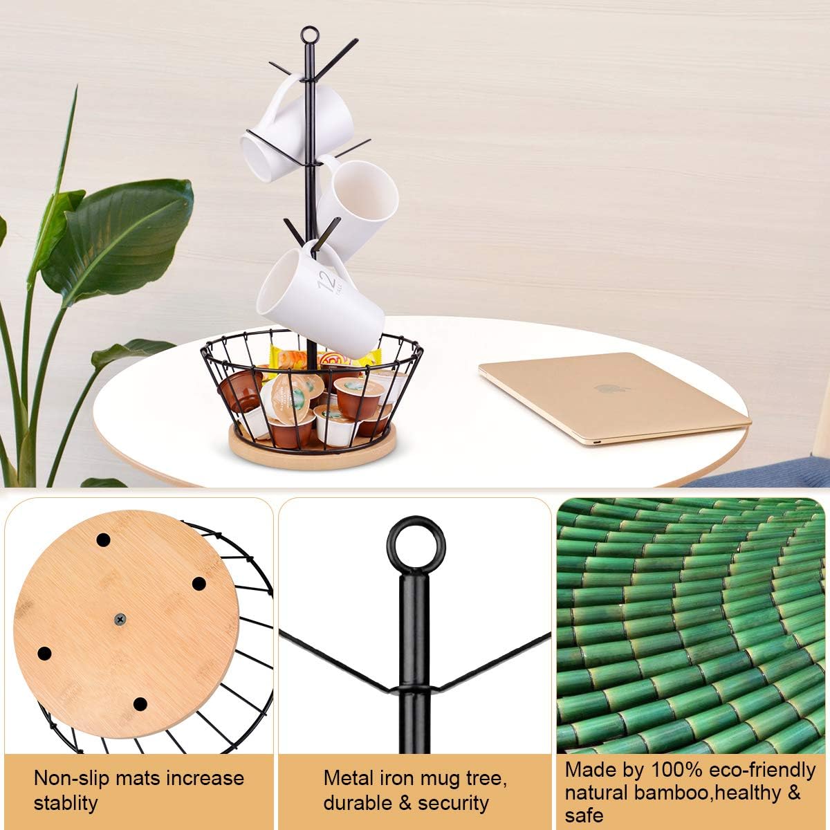 Coffee Mug Holder Cup Stand Tree Shape Metal Rack, with 6 Hooks Bamboo Base Coffee Pod Basket Storage Basket, for Coffee Counter Bar Kitchen Organizer Home Storage Rack