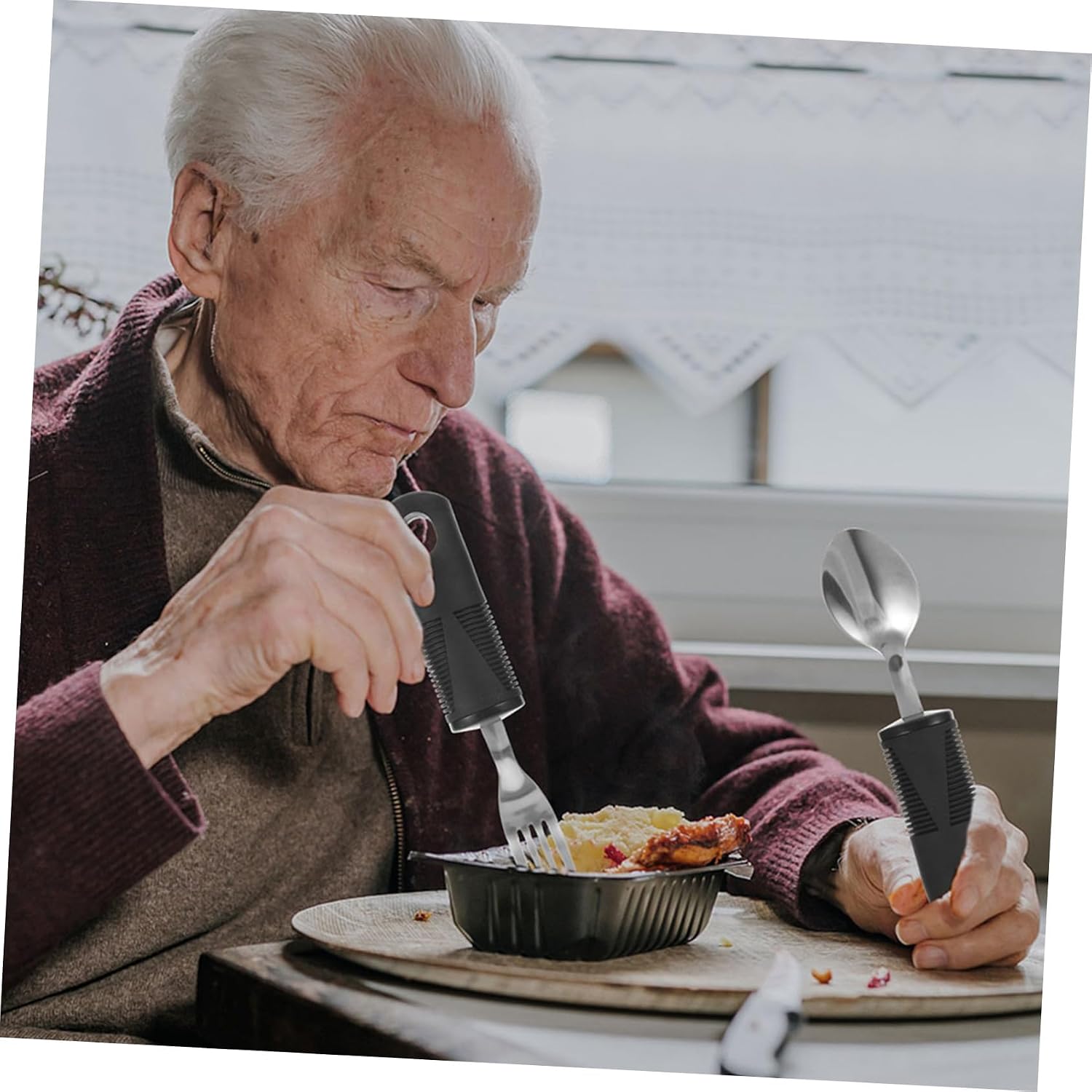 Adaptive Utensils Set with Non-slip Handles Non-weighted Stainless Steel Cutlery for Elderly Disabled Lightweight Easy to Eating Utensils