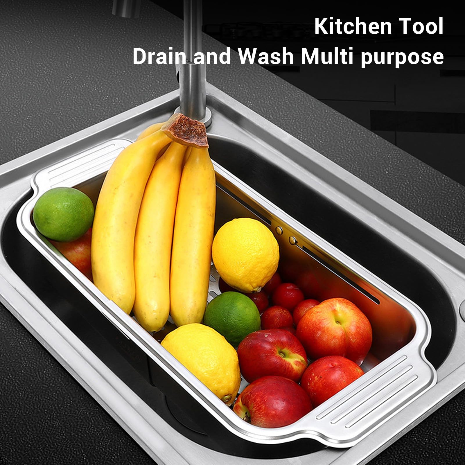 Colador sobre el Fregadero Extensible Acero Inoxidable 304 Colador sobre el Fregadero Cocina Lavado Verduras Frutas Estante para Platos Ahorro de Espacio Diseño Moderno y (l)