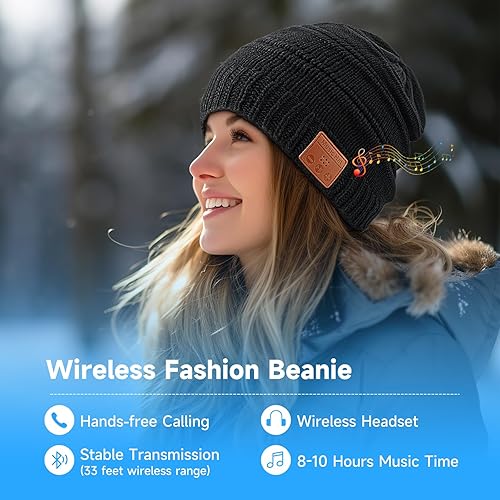 Miniatura 2 de Gorro Bluetooth con Bluetooth para hombres y mujeres, cálido y suave con micrófono integrado y auriculares con altavoz estéreo (negro), Negro -