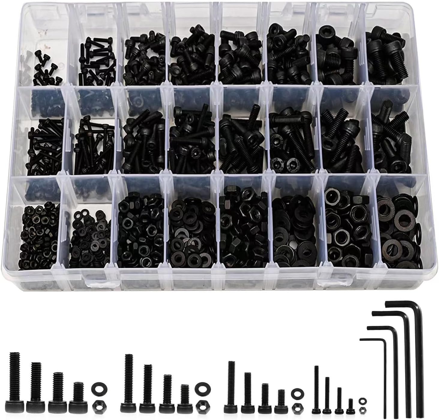 1230PCS Metric Screw Assortment Kit M2 M3 M4 M5, 12.9 Grade Alloy Steel, Hex Socket Head Cap Bolts Nuts Washers Set, Black Zinc Plated Anti-Rust Screws for 3D Printer DIY