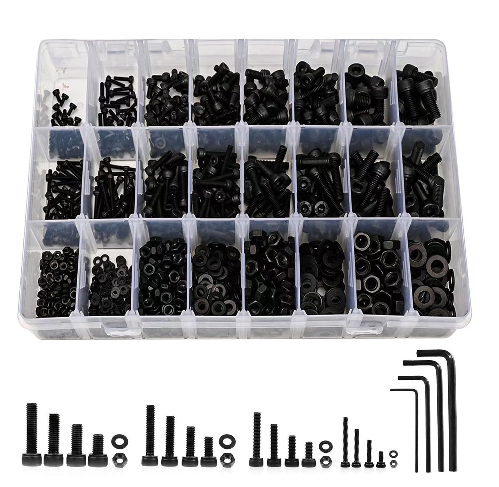 Zuorery 1230PCS Metric Screw Assortment Kit, M2 M3 M4 M5 12.9 Grade Alloy Steel, Hex Button Socket Head Cap Screws Nuts and Washers Assortment, Black Zinc Palted, Anti Rust Upgrade