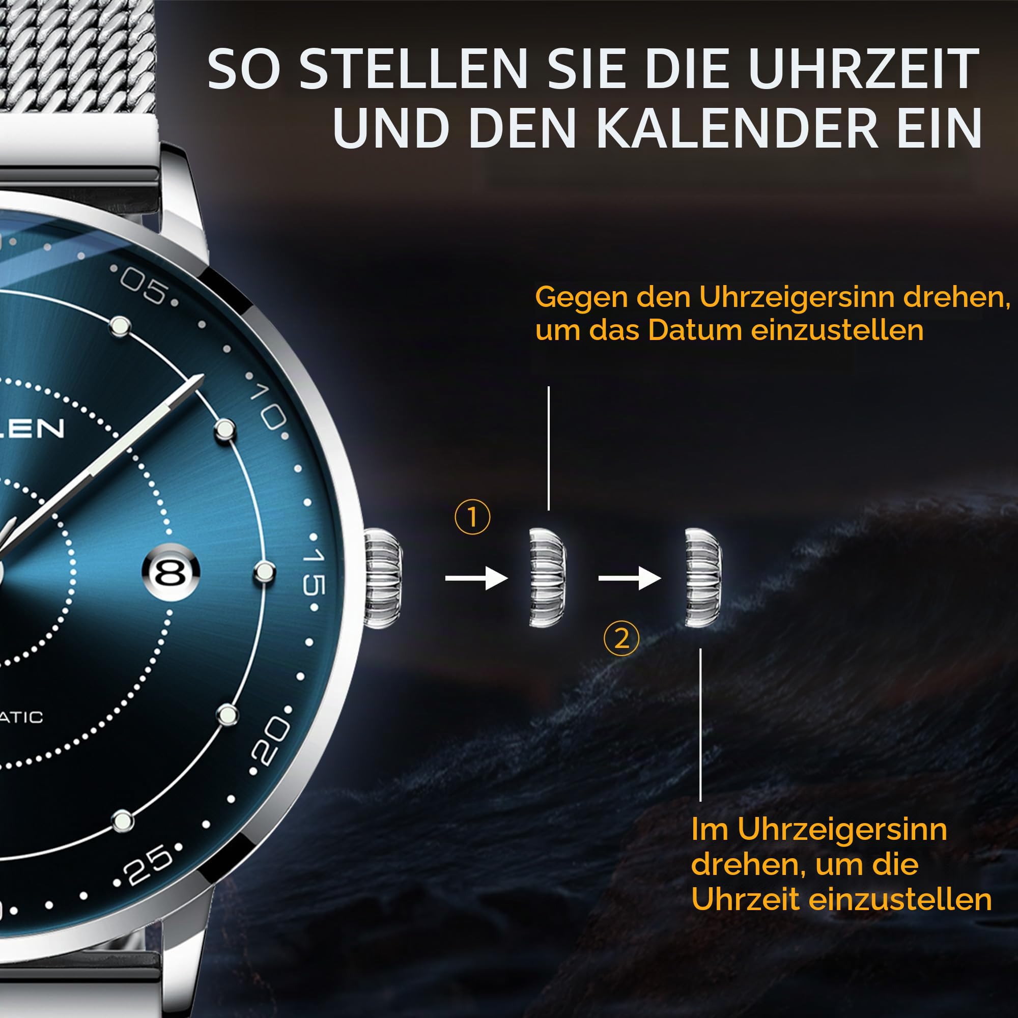 SOLLEN Mechanische Armbanduhren Herren,Klassische Minimalistische Herrenuhren Luxus,Wasserdicht Leuchtend Selbstaufzug Business Automatische Herrenuhr mit Kalendar,Automatikuhr als Geschenk für Männer