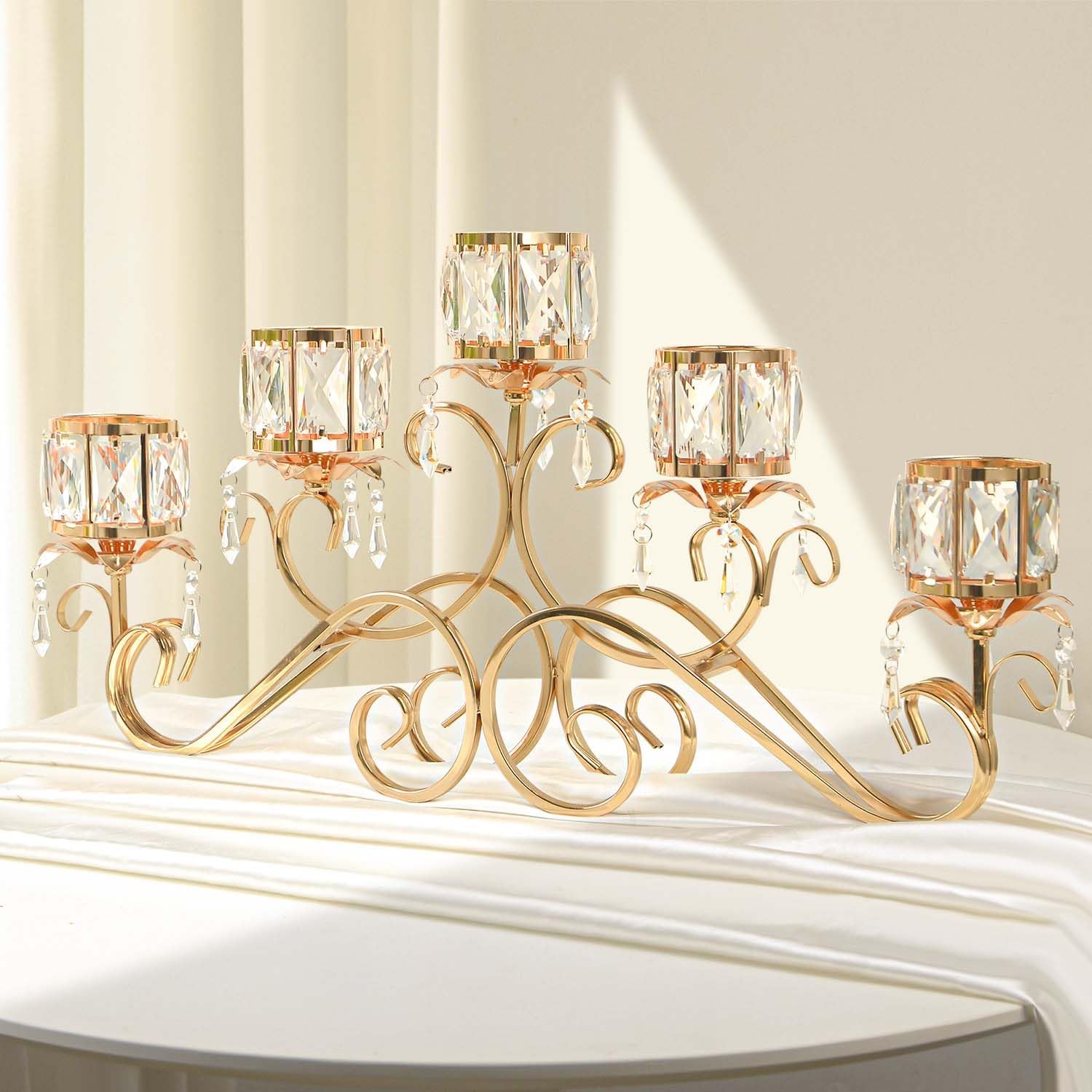 Large Elegant 5 Arms Crystal Bowl Tealight Candle Holder/Candelabra Crystal Votive, 5-arms Metal Crystal Candlestick Holder for Table Centerpiece Wedding/Party Home Decor (Golden, 5-Arm) Golden 5-Arm