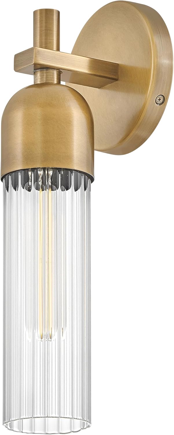 Hinkley Soren Medium Bath Wall Sconce, Clear Fluted Glass, Transitional, Install Up/Down, T-Style Bulbs Required, Heritage Brass Finish