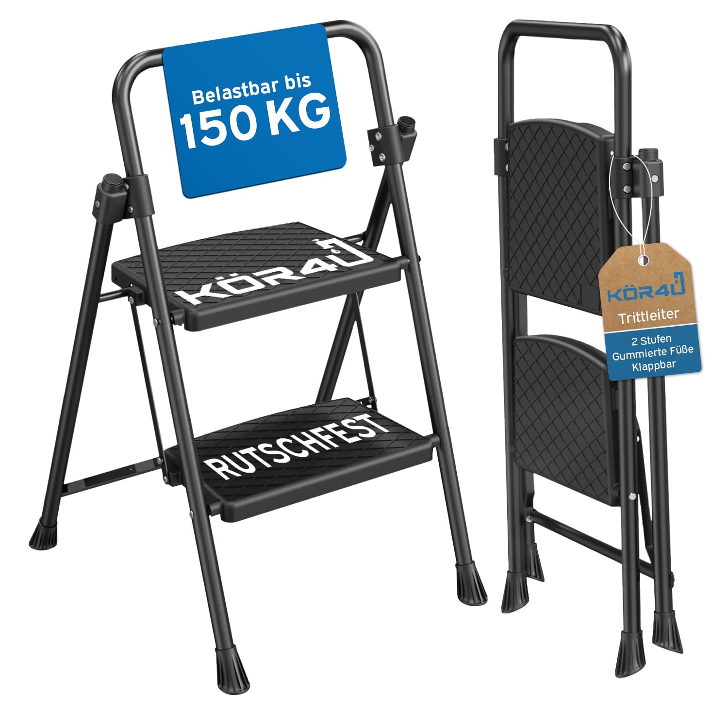 kör4u Escabeau à 2 marches, charge maximale jusqu'à 150 kg, pliant et peu encombrant, escabeau domestique stable, marches antidérapantes, cadre en acier, noir