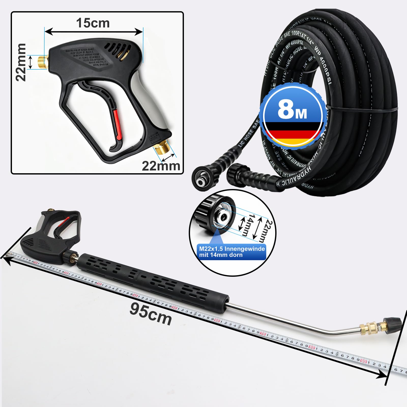 Hochdruckreiniger-Pistole M22x1,5 (14 mm), Jet-Waschpistole, 276 bar mit DN6 Hochdruckschlauch, kompatibel mit Kärcher K-Serie K2-K7, Verlängerungsstab für Auto-Reinigungssets