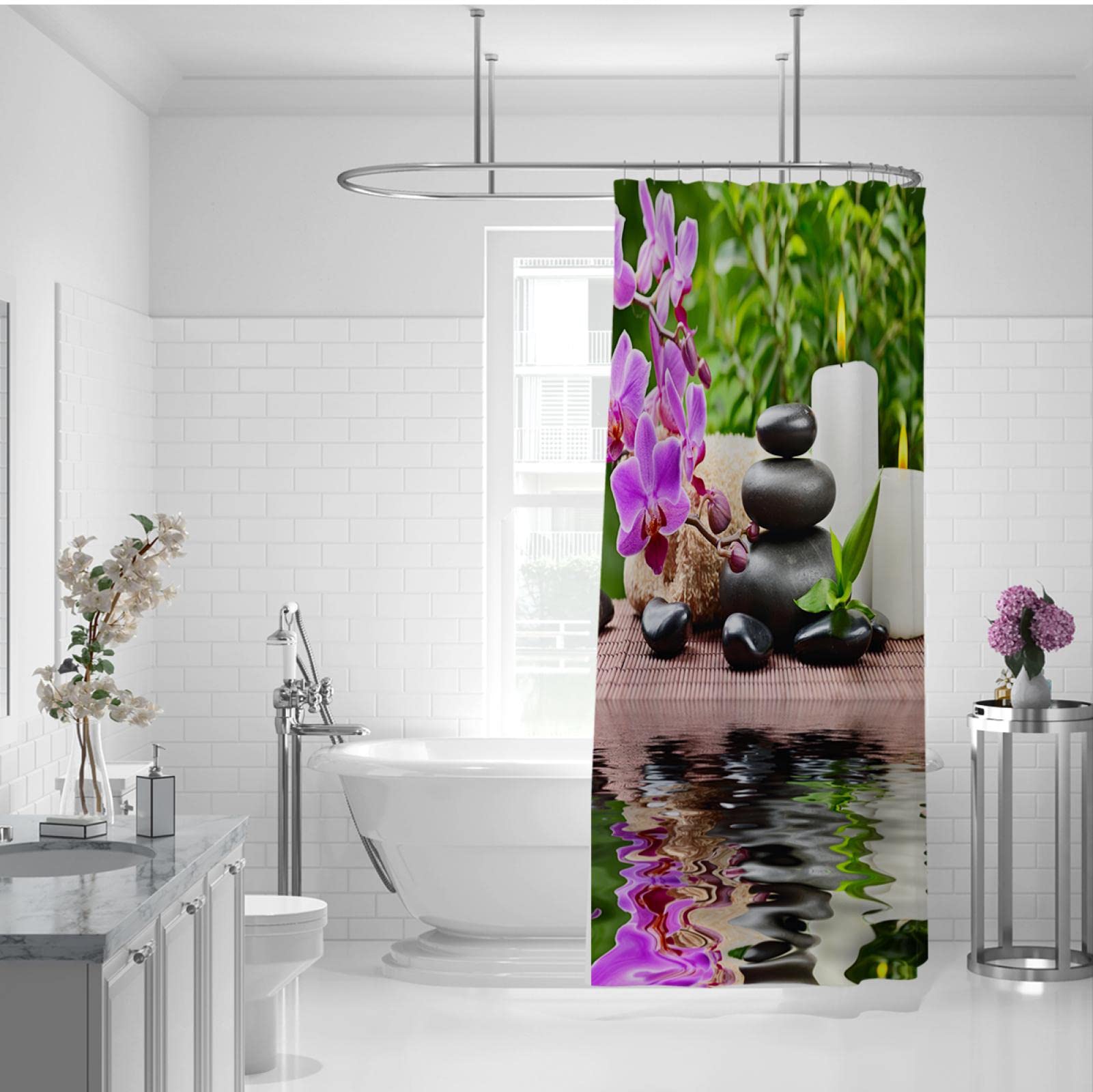 Zen Spa Lotus Zasłona prysznicowa Kamienie bazaltowe Ziołowe Olejek Zapachowy Świece Bambus Woda Japońska Medytacja Home Decor Wodoodporny zestaw W220 x L200 cm Kurtyna prysznicowa