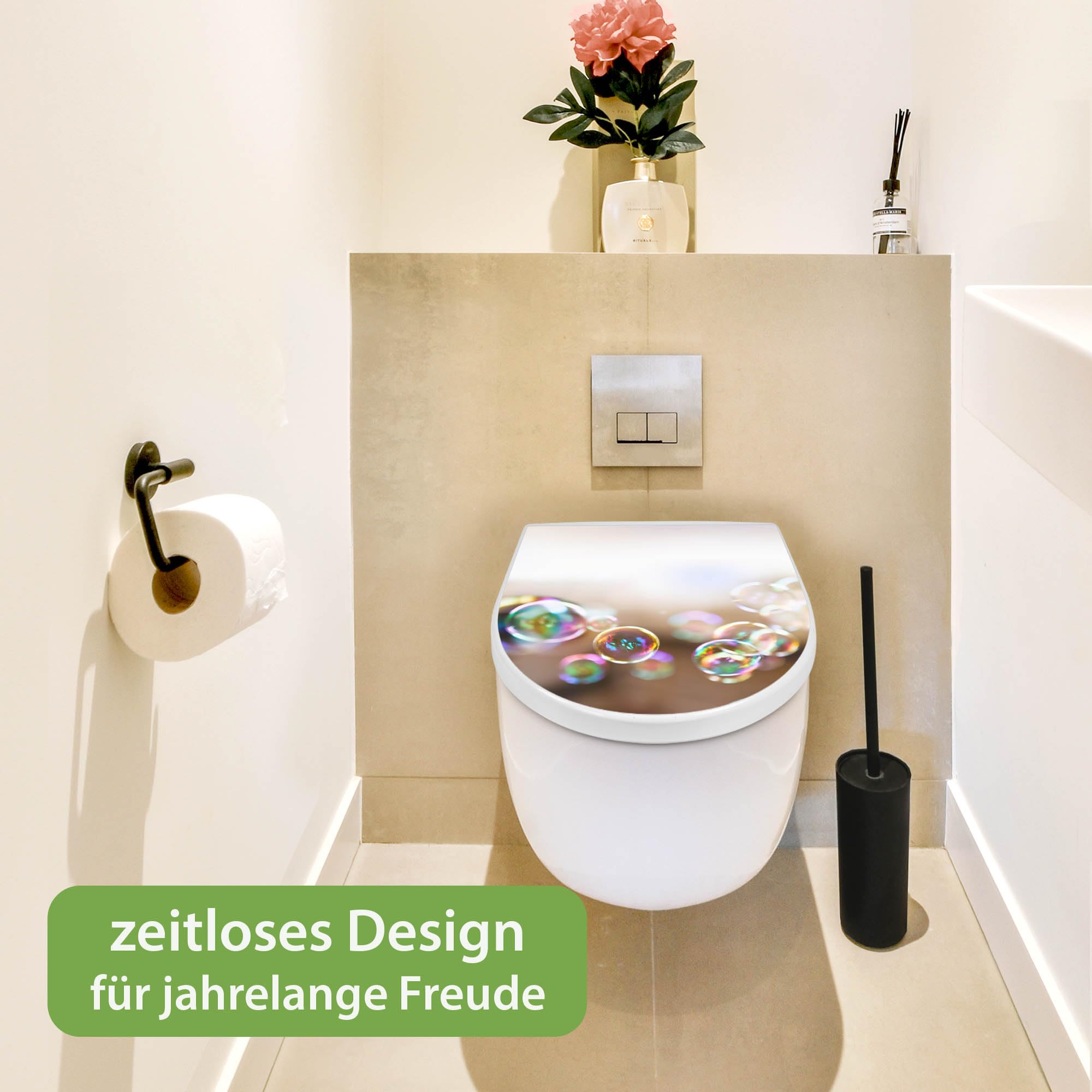 banjado WC Sitz mit Absenkautomatik D Form - Toilettendeckel mit Absenkautomatik D Form - Klodeckel Softclose - stabile Klobrille - Toilettensitz Weiß - Motiv Seifenblasen