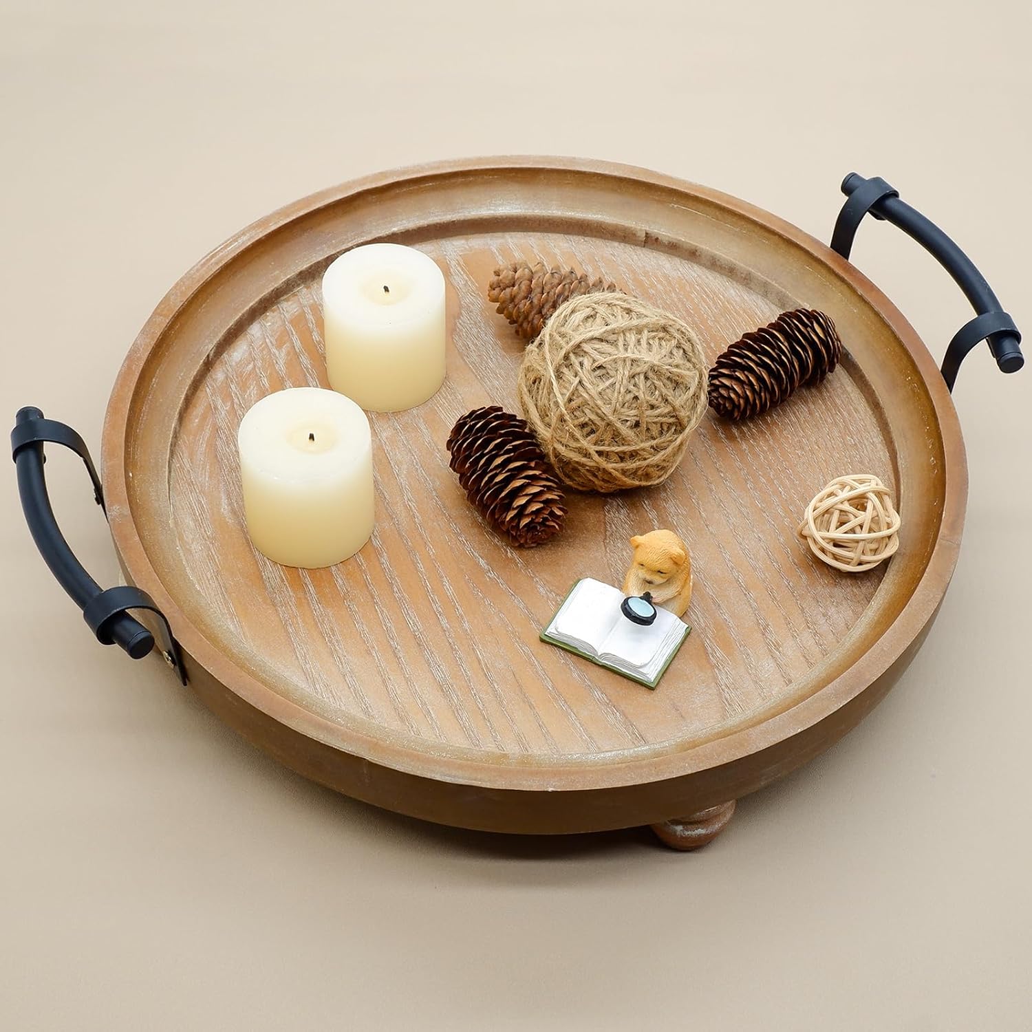 Wooden Decorative Tray for Coffee Table, Round Wood Serving Tray with Metal Handles, 13 Inch Rustic Wood Trays for Tale Centerpiece, Home Kitchen Farmhouse Decor - Image 4