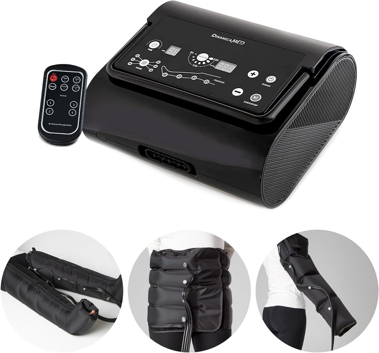Dinamicamed ® Premium 4.0 Pressoterapia Linfodrenaggio Professionale Digitale Compact, Pressoterapia per Casa, Massaggio con 4 Camere d'Aria 2 Gambali, Fascia, Bracciale e 5 Pantaloni Polietilene