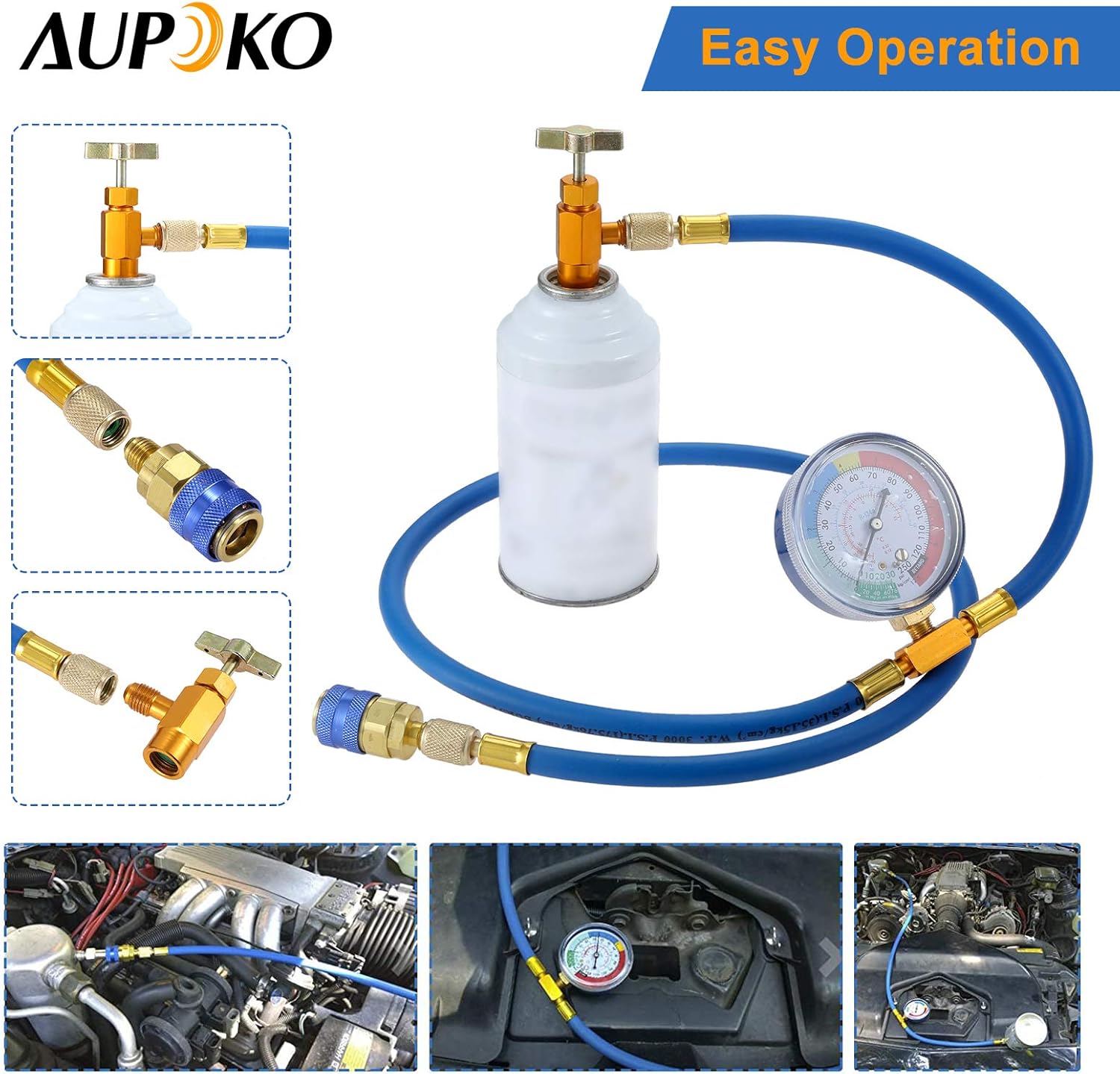 Aupoko R134A Recharge Hose Kit with Gauge, 59'' AC Refrigerant Recharging Hose with 1/2" Female R134A Can Tap Refrigerant Dispenser, R134A Quick Couple, and R410A Straight Swivel Adapter : Automotive