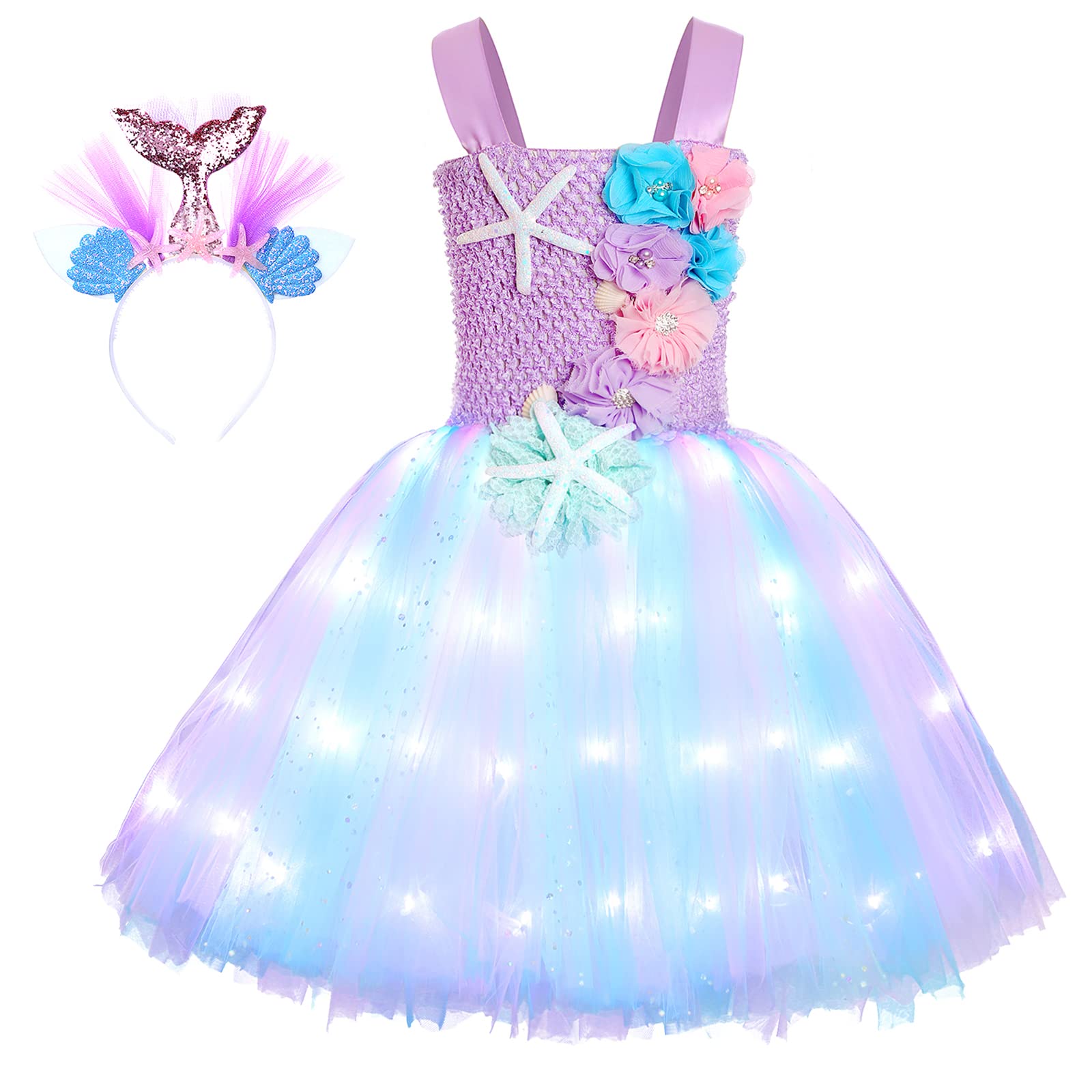 SKCAIHT Mermaid Costume for Girls LED Light Up Little Mermaid Princess Tutu Dress for Halloween Birthday Party Gifts