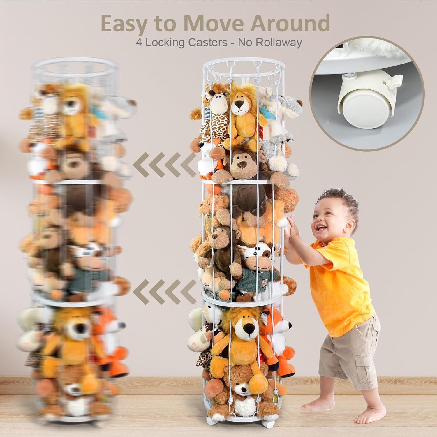 Stuffed Animal Storage Zoo, Metal Plushies Toy Storage Organizer, Tube Stuffed Animal Holder with Brake Wheels, Space Saving Plush Toy Holder for Playroom Bedroom Nursery (White)
