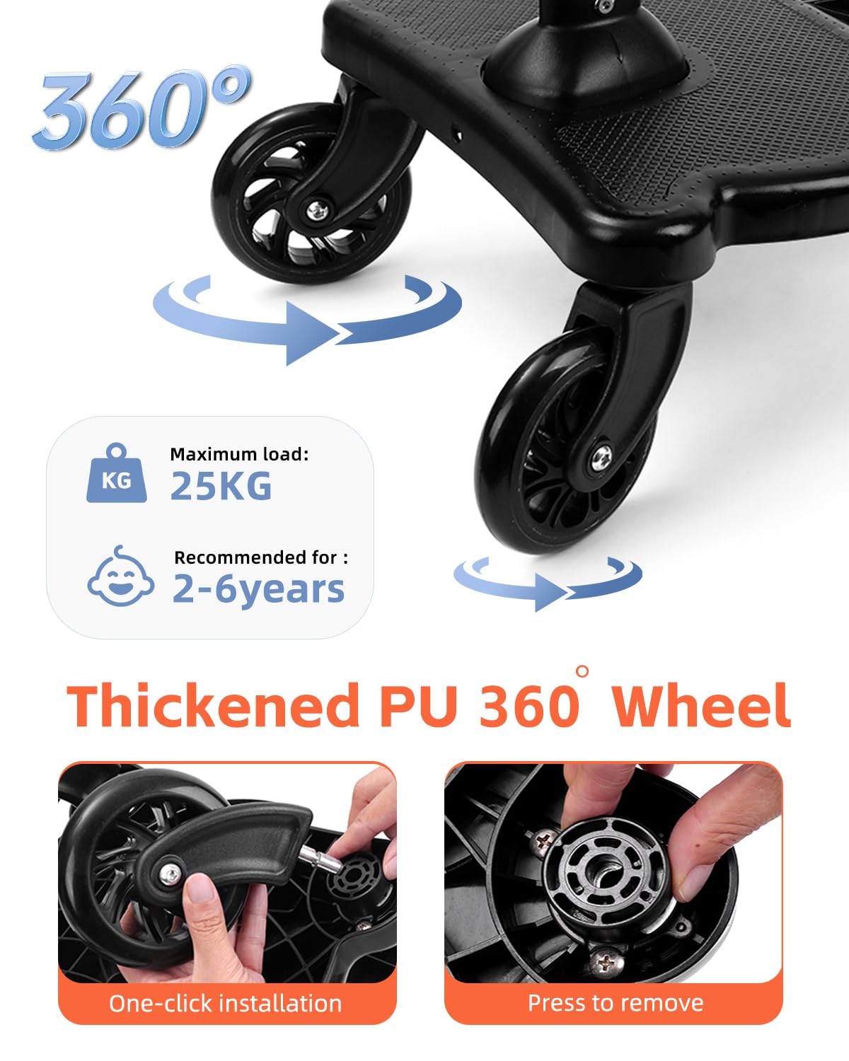 Vihir Planche Poussette Universelle avec Siège, Planches à roulettes pour bébé, Marche Pied Poussette pour Enfants de 2 à 6 Ans (25KG), Renouveler complètement